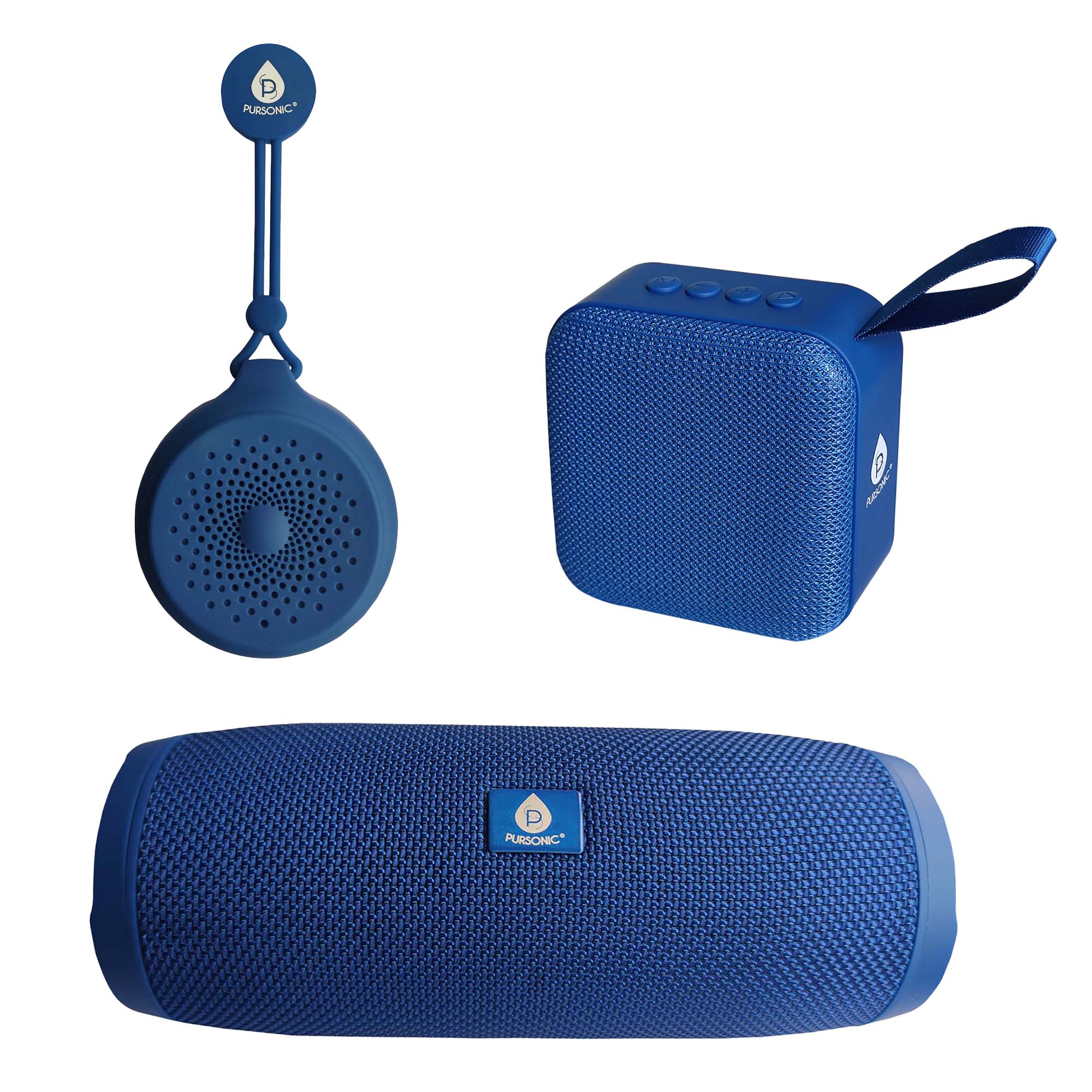 Three-piece Pursonic wireless speaker bundle including home, portable, and waterproof shower speakers in black.