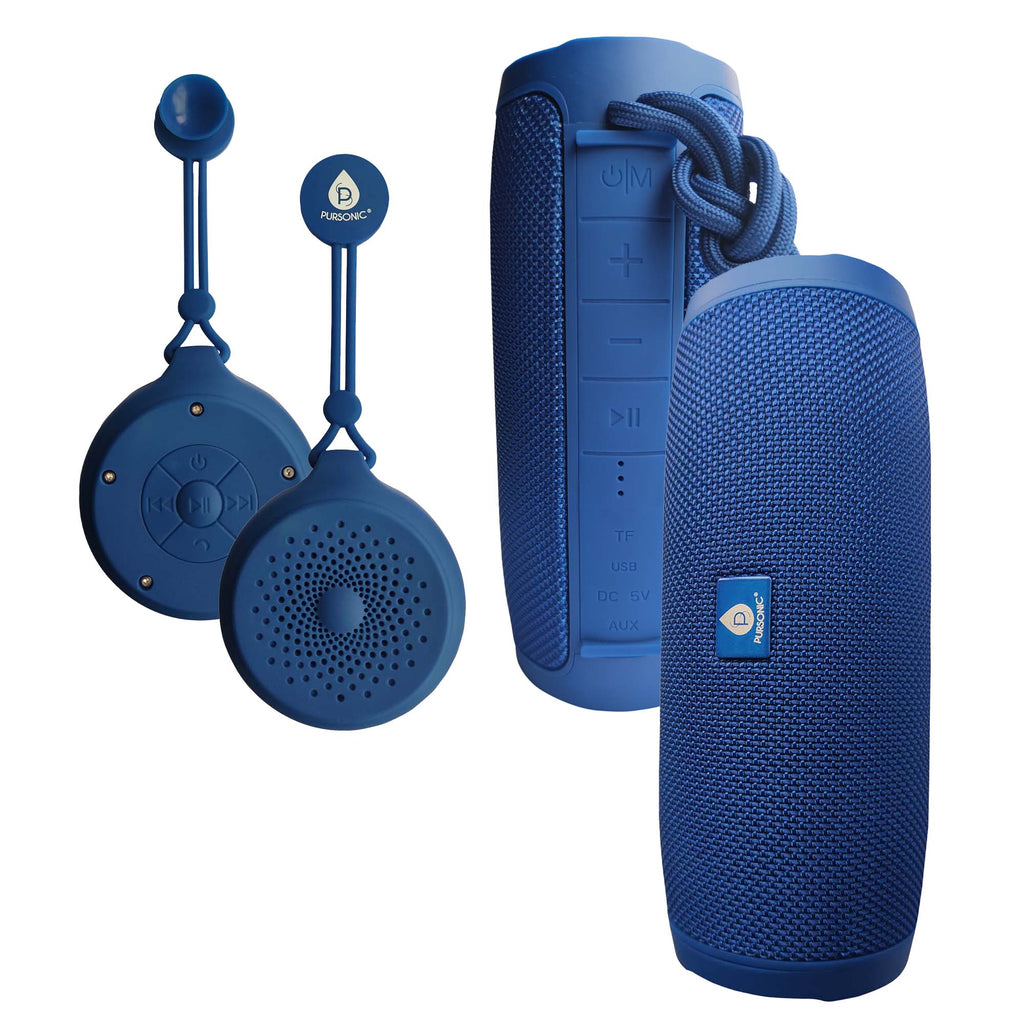 Pursonic wireless speaker bundle showing peak and waterproof shower speakers with modern functional design