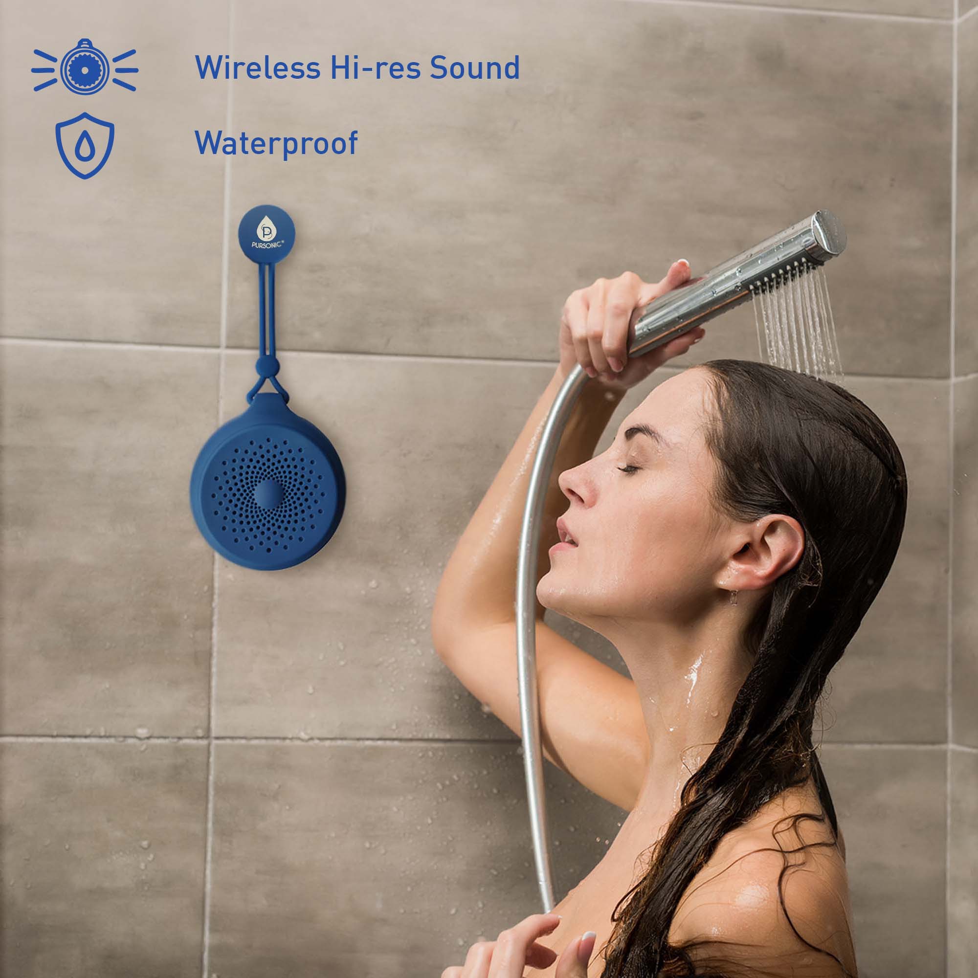 Pursonic wireless speaker bundle showing peak and waterproof shower speakers with modern functional design — view 3