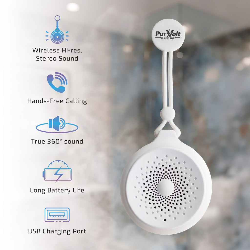 Pursonic wireless speaker bundle showing peak and waterproof shower speakers with modern functional design — view 5