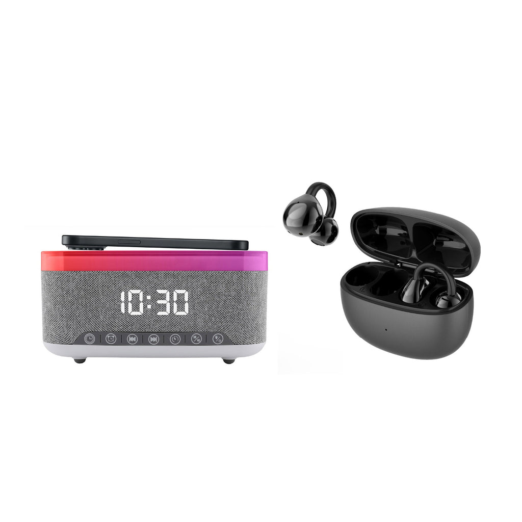 Wireless audio charging bundle featuring an alarm clock speaker and true wireless earbuds with charging case