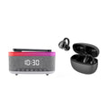 Wireless audio charging bundle featuring an alarm clock speaker and true wireless earbuds with charging case