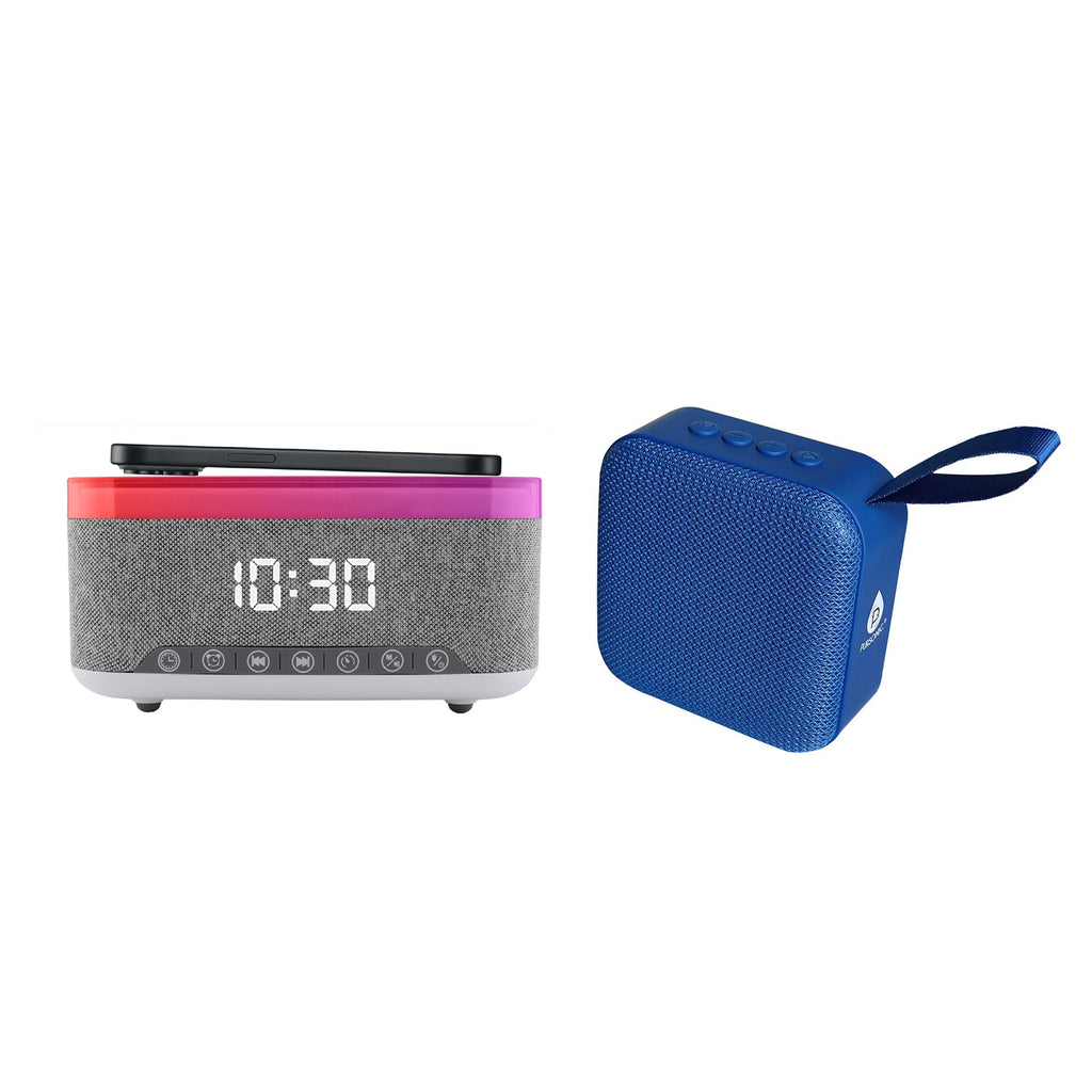2-in-1 wireless charging alarm clock and compact portable speaker with LED display