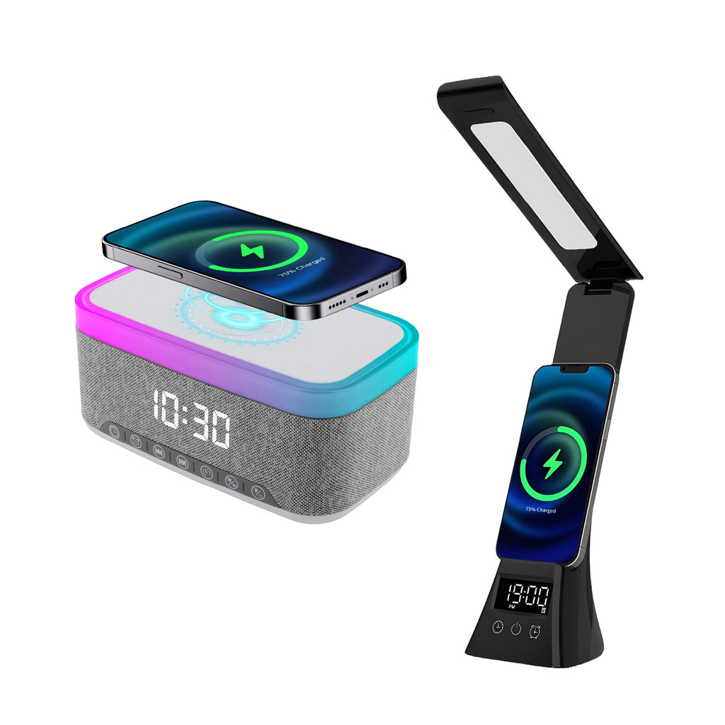 Modern smart home bundle featuring LED desk lamp and digital alarm clock with wireless charging pad