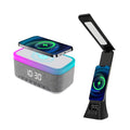 Modern smart home bundle featuring LED desk lamp and digital alarm clock with wireless charging pad