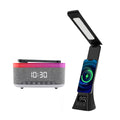 Wireless charging station with LED desk lamp, smart alarm clock, and built-in speaker.