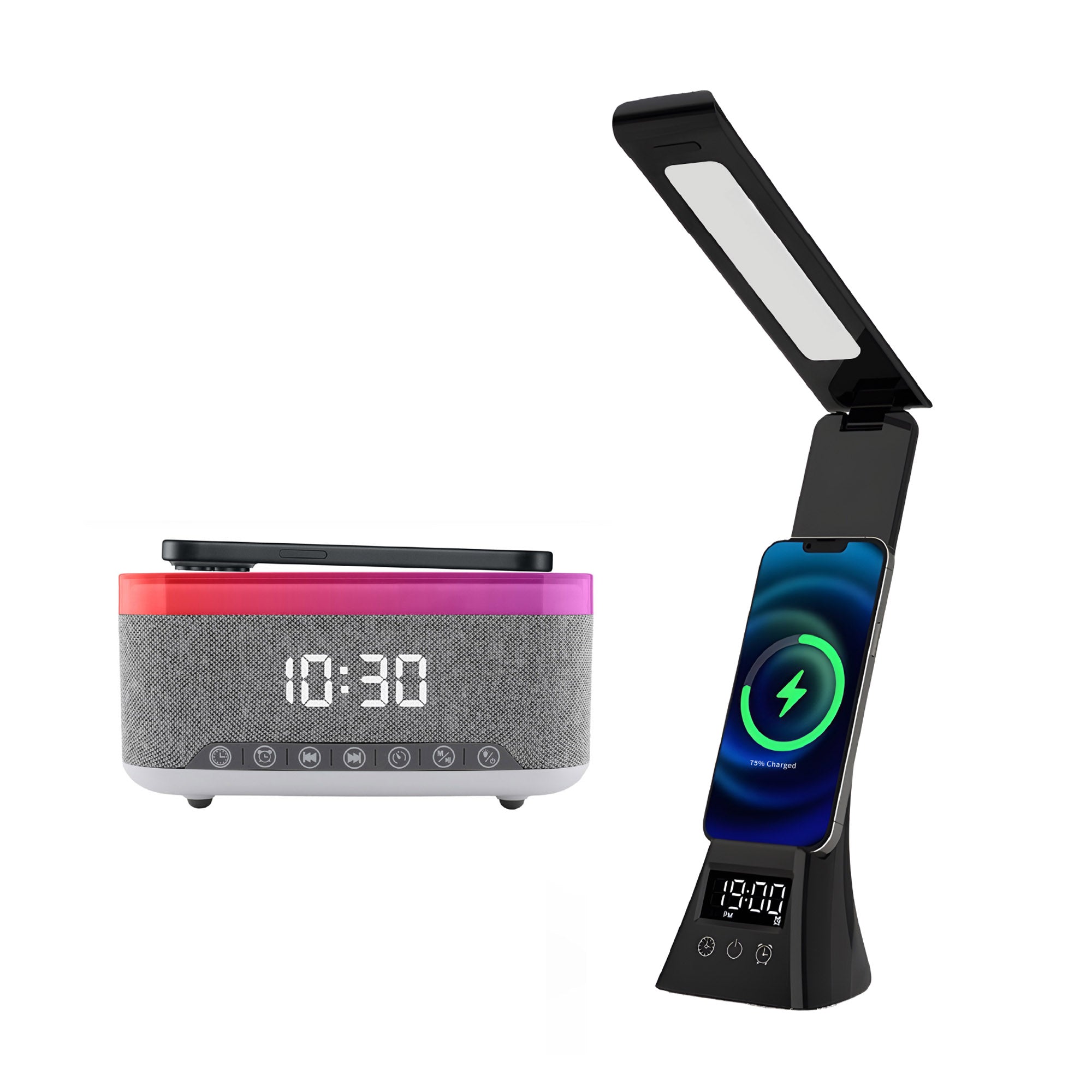 Wireless charging station with LED desk lamp, smart alarm clock, and built-in speaker.