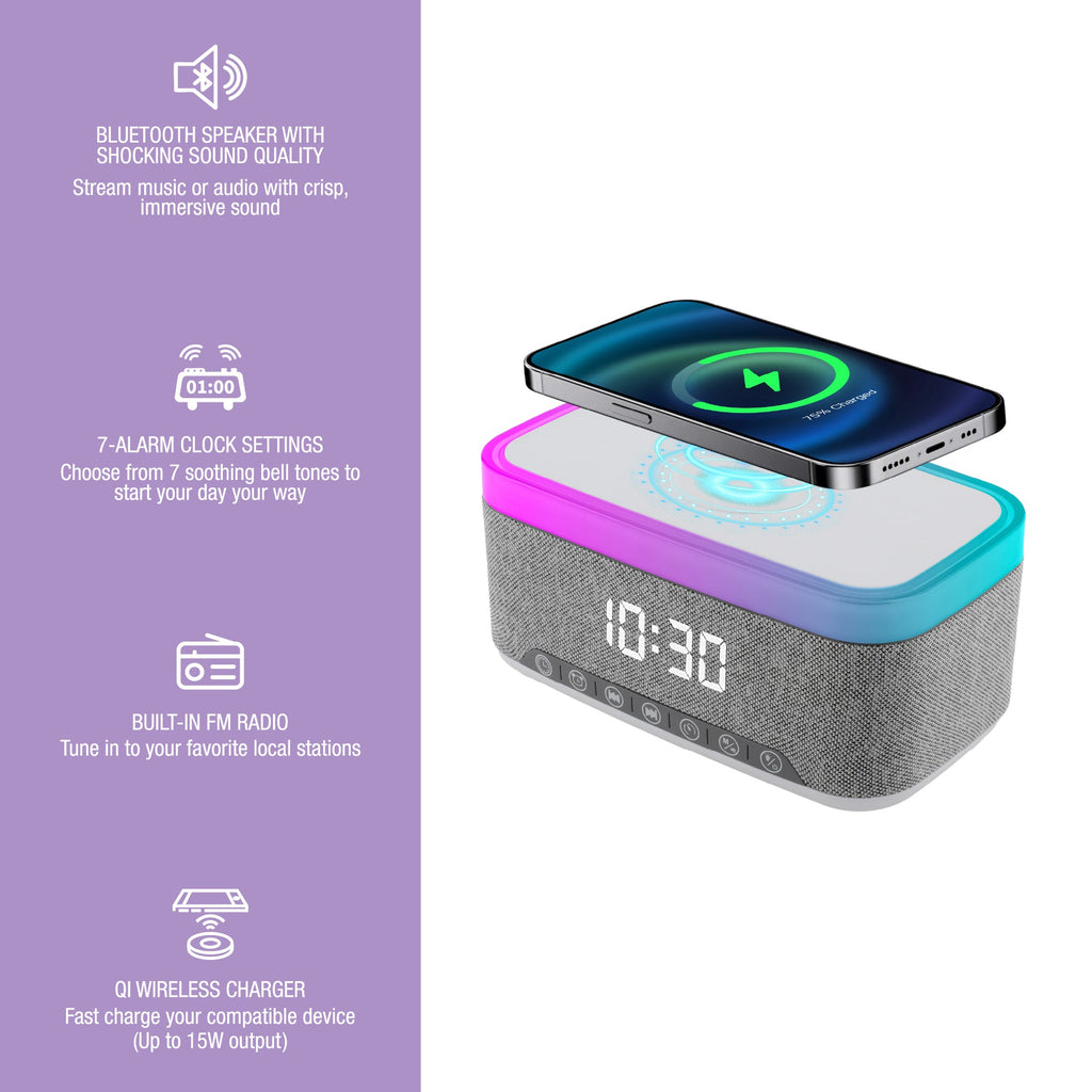 Multifunctional tech bundle featuring a folding wireless charging station, digital alarm clock, and heated mug warmer — view 2