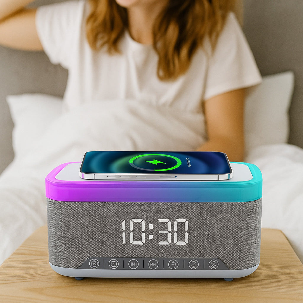Wireless charging power bundle with smart mug warmer and modern bedside Bluetooth alarm clock speaker — view 4