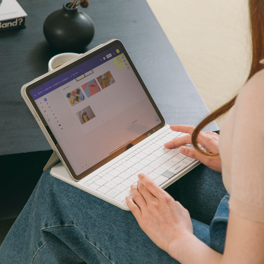 Slim black Mokibo Fusion Keyboard and protective cover attached to a 12.9-inch iPad Pro — view 5