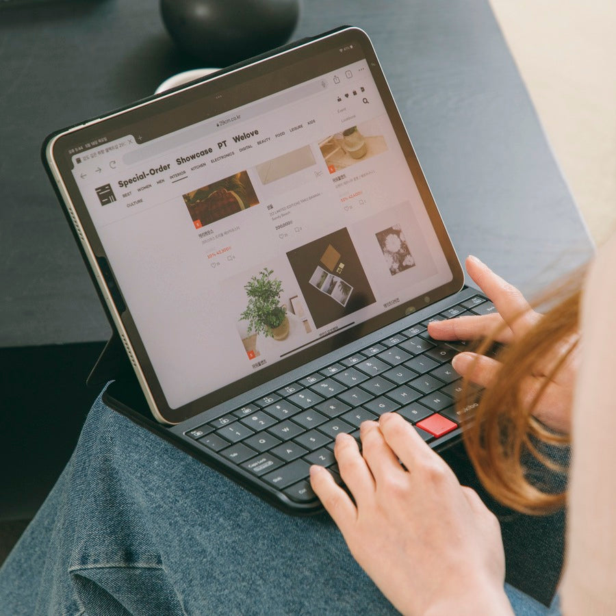 Slim black Mokibo Fusion Keyboard and protective cover attached to a 12.9-inch iPad Pro — view 3
