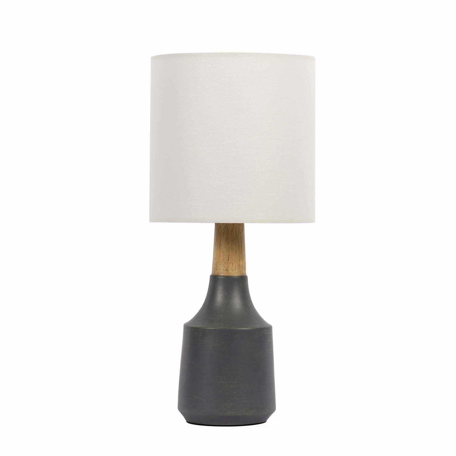 Contemporary Buharkent table lamp featuring a translucent gray resin base and white linen drum shade. — view 2