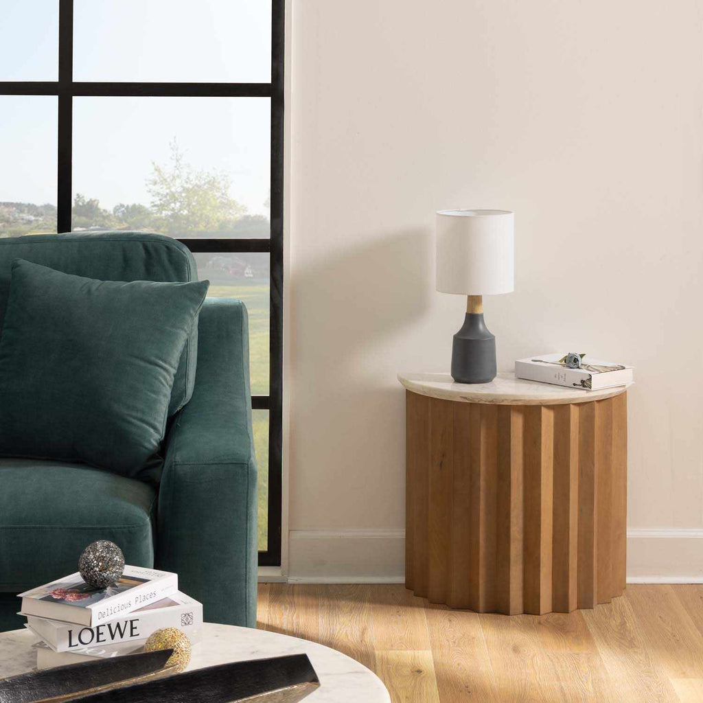 Contemporary Buharkent table lamp featuring a translucent gray resin base and white linen drum shade. — view 3