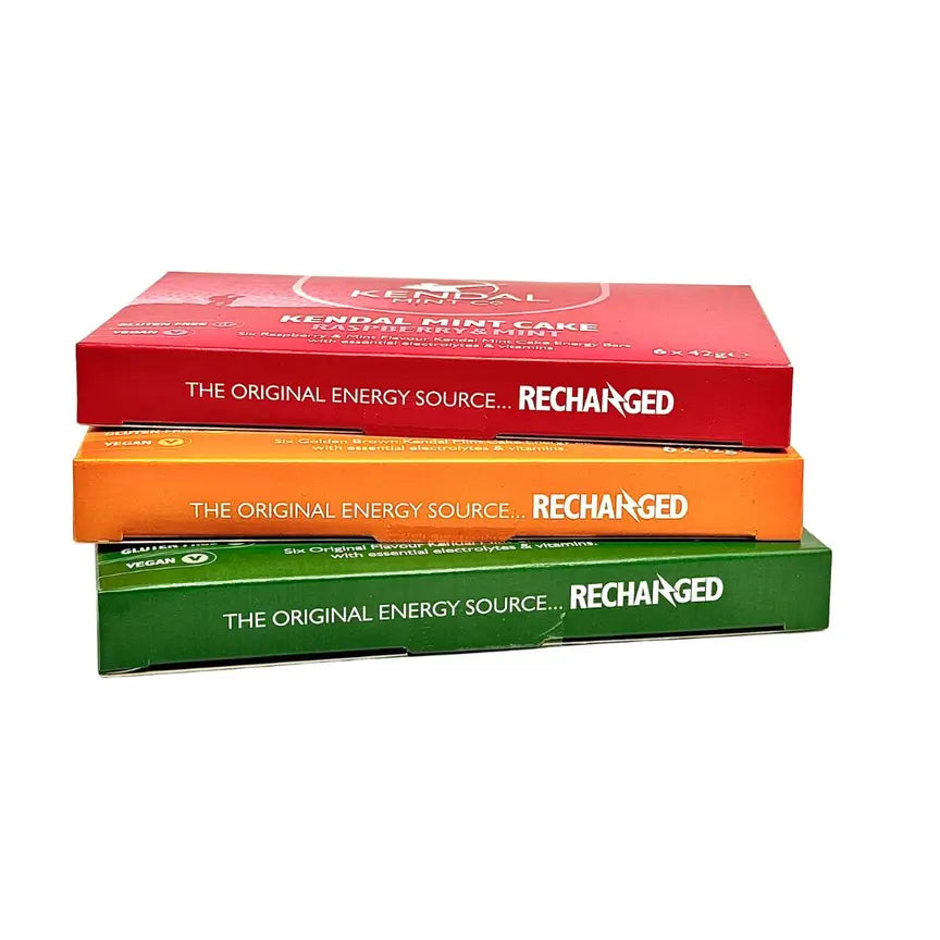 Mixed flavor Kendal Mint Cake energy bar bundle with original, raspberry, and mint wrapped bars. — view 3