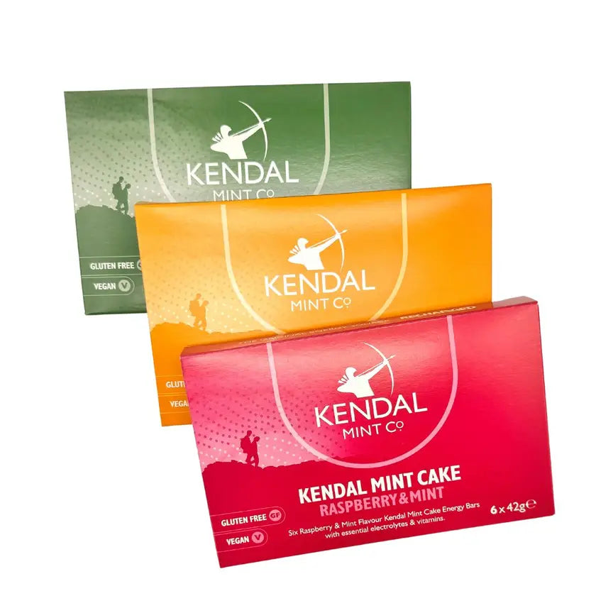 Mixed flavor Kendal Mint Cake energy bar bundle with original, raspberry, and mint wrapped bars.