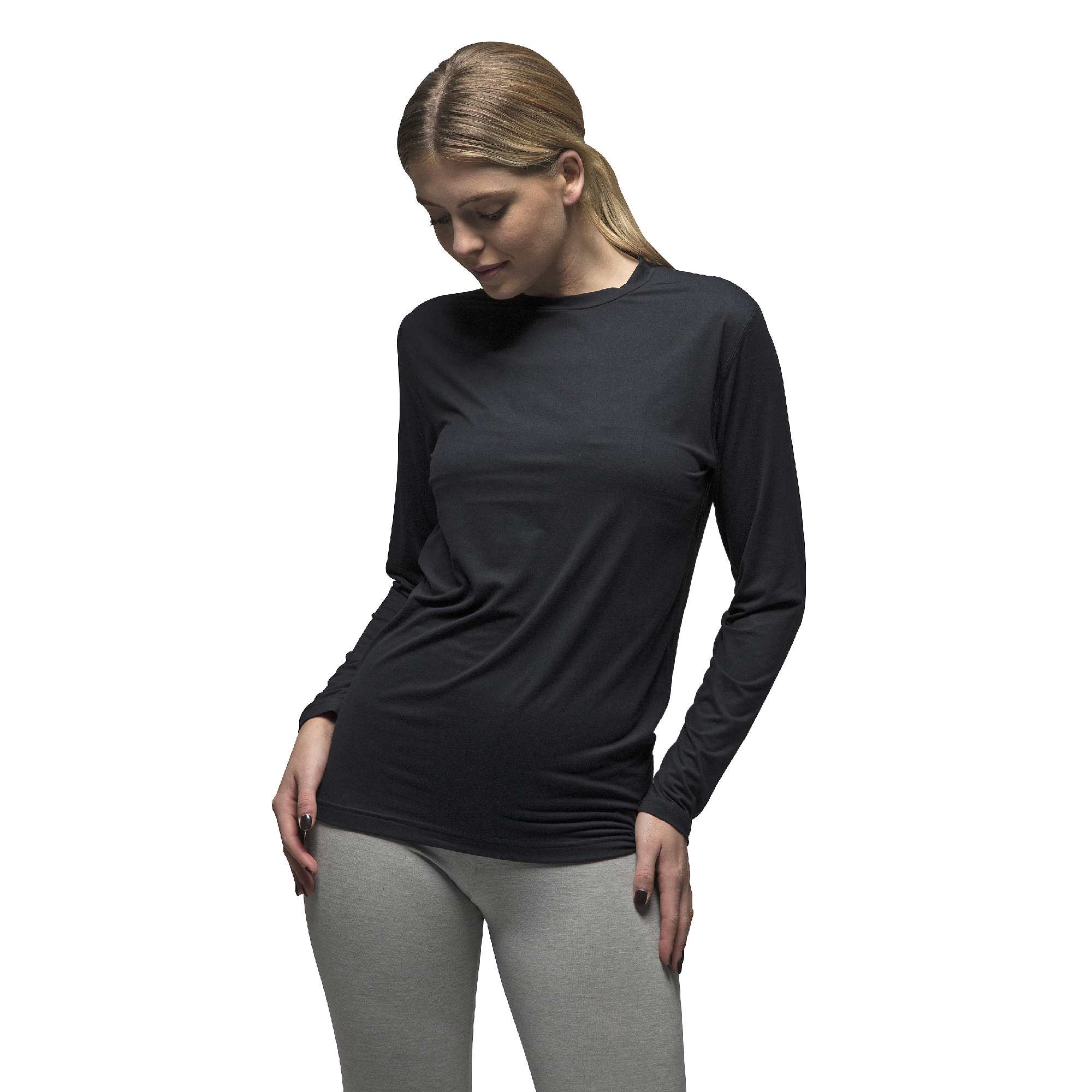 Black fleece lined women's thermal base layer long sleeve top with a seamless slim fit