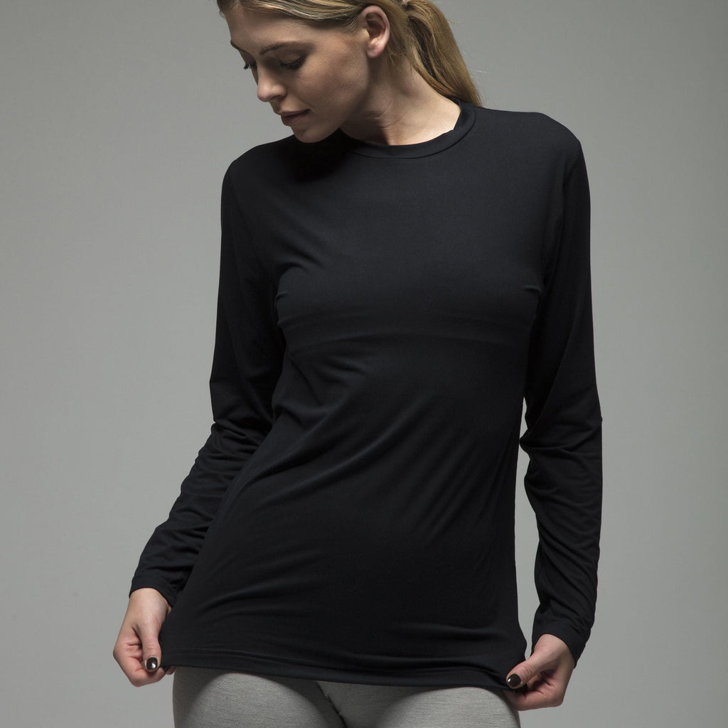 Black fleece lined women's thermal base layer long sleeve top with a seamless slim fit — view 3