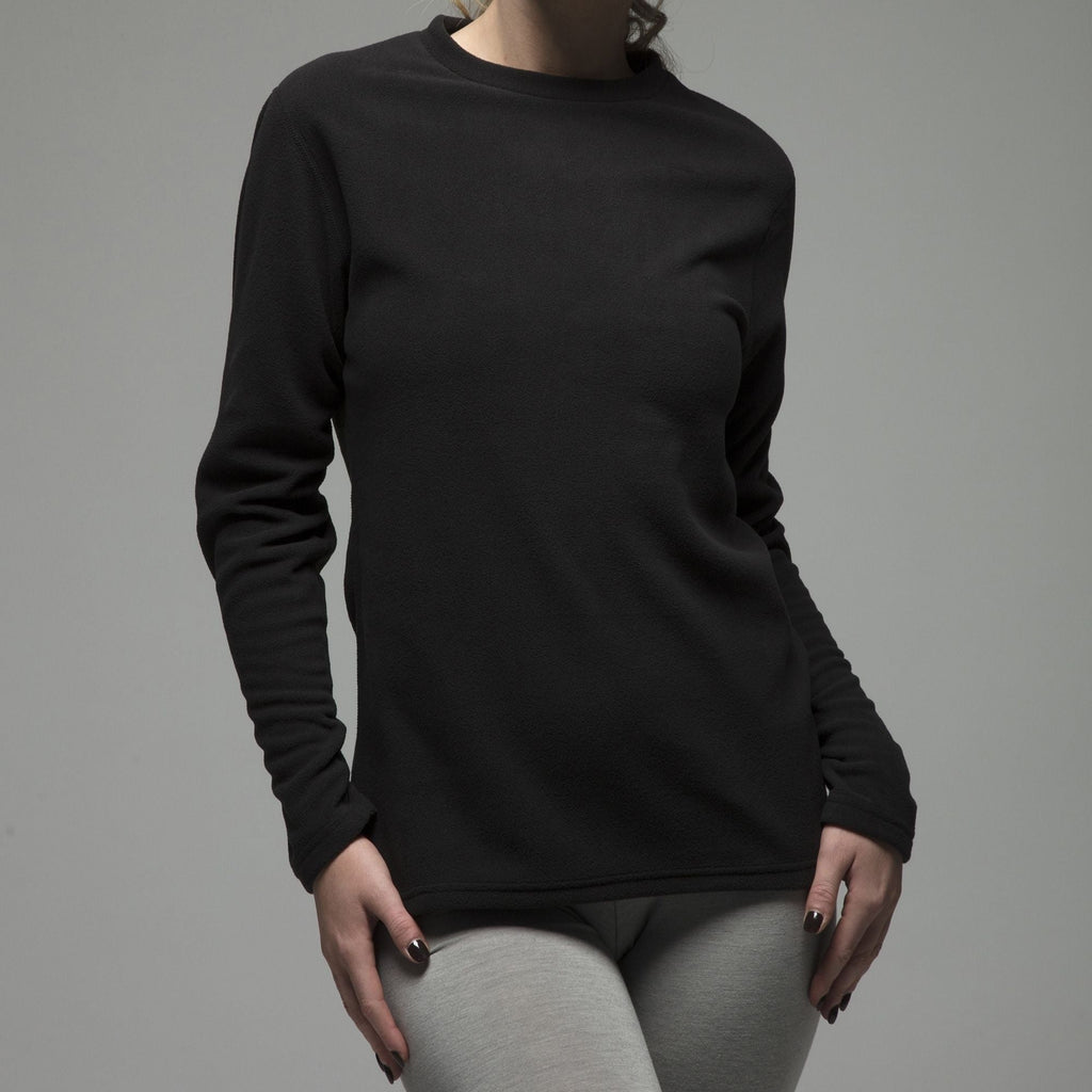 Black fleece lined women's thermal base layer long sleeve top with a seamless slim fit — view 4