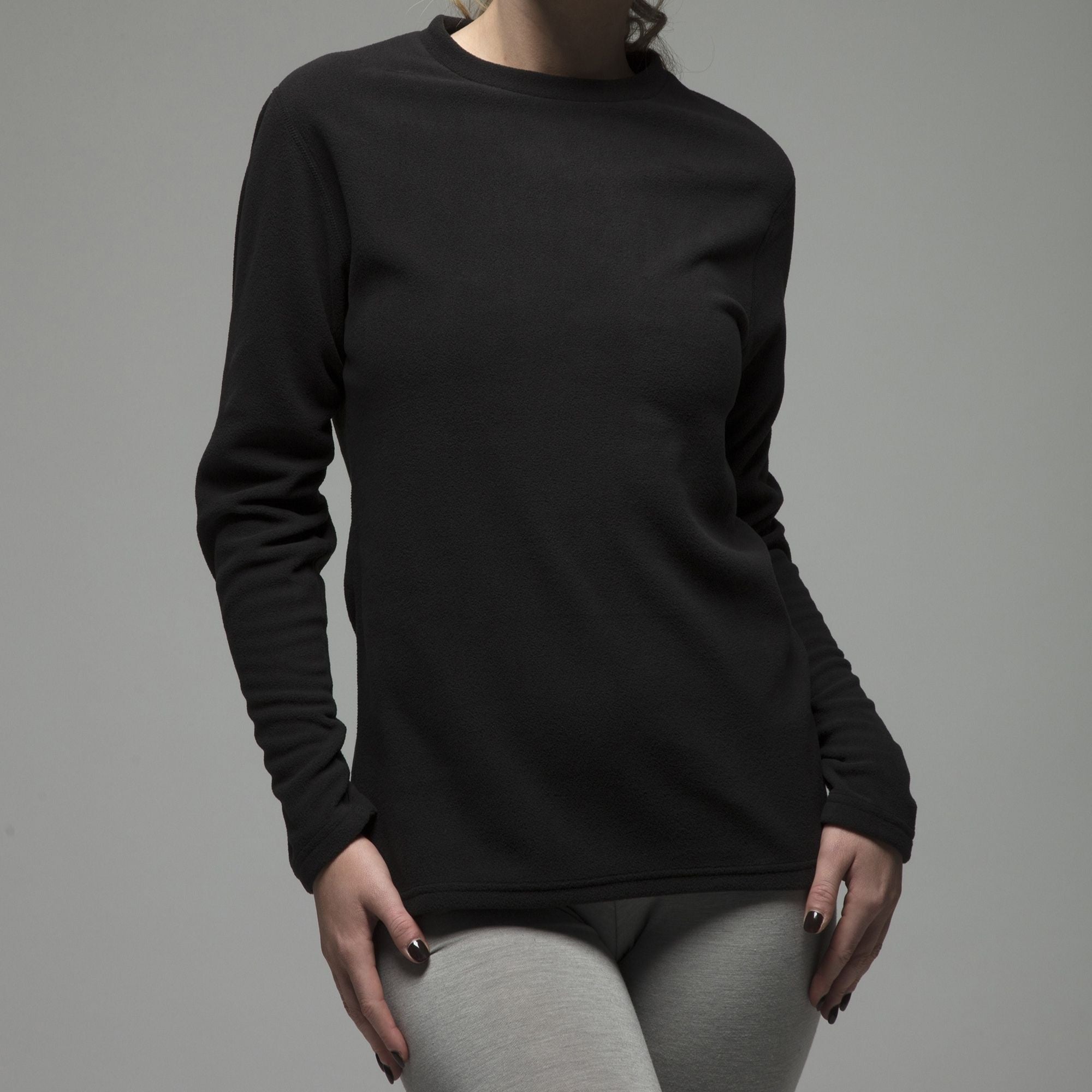 Black fleece lined women's thermal base layer long sleeve top with a seamless slim fit — view 4