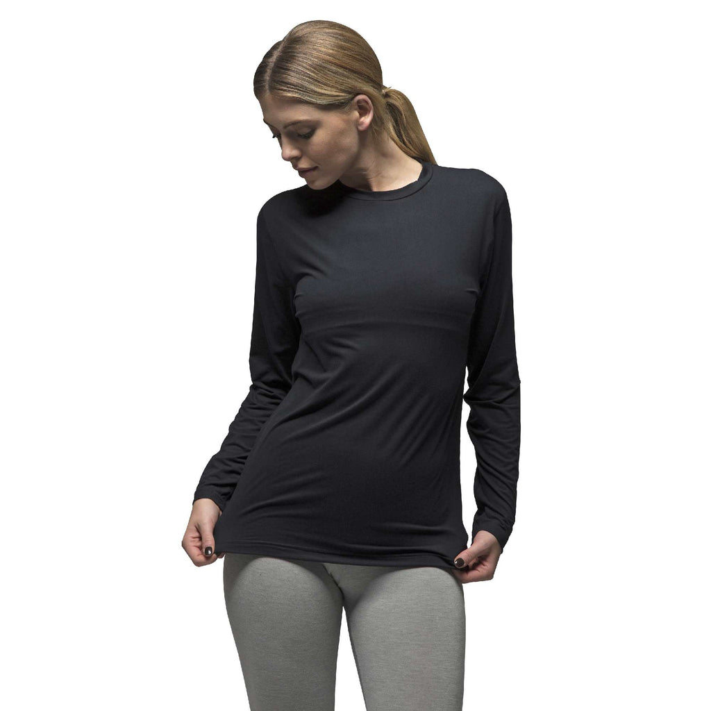 Black fleece lined women's thermal base layer long sleeve top with a seamless slim fit — view 5