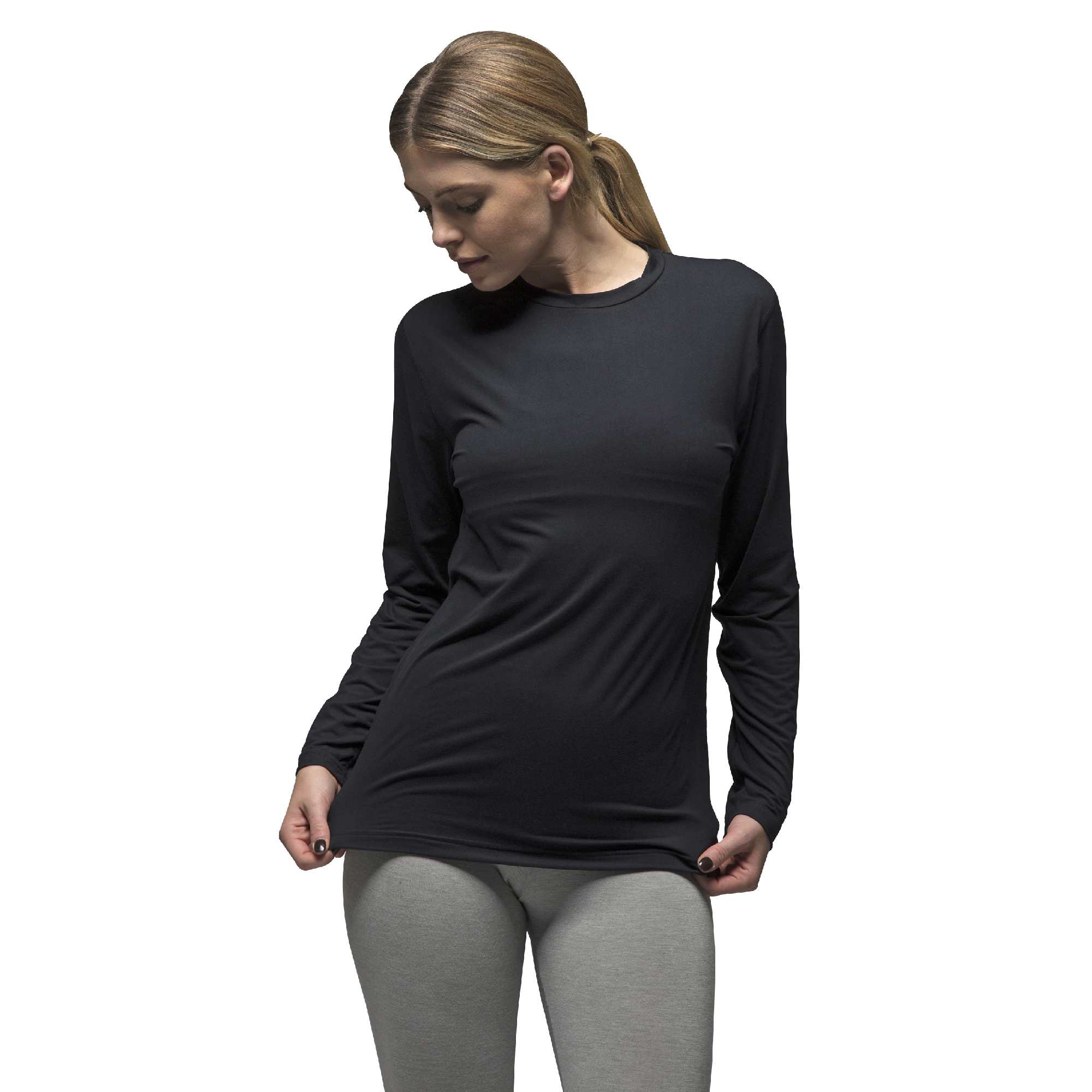Black fleece lined women's thermal base layer long sleeve top with a seamless slim fit — view 5