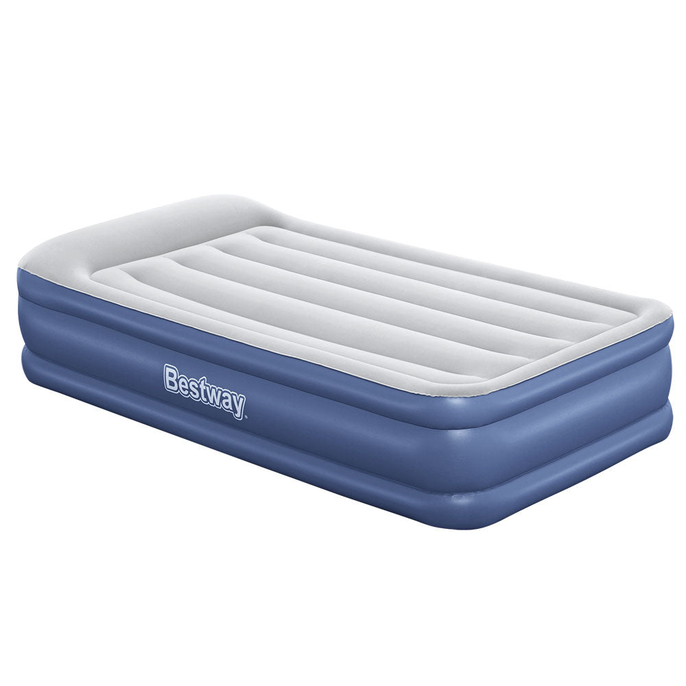 Navy blue Bestway single air mattress with built in pillow and flocked sleeping surface