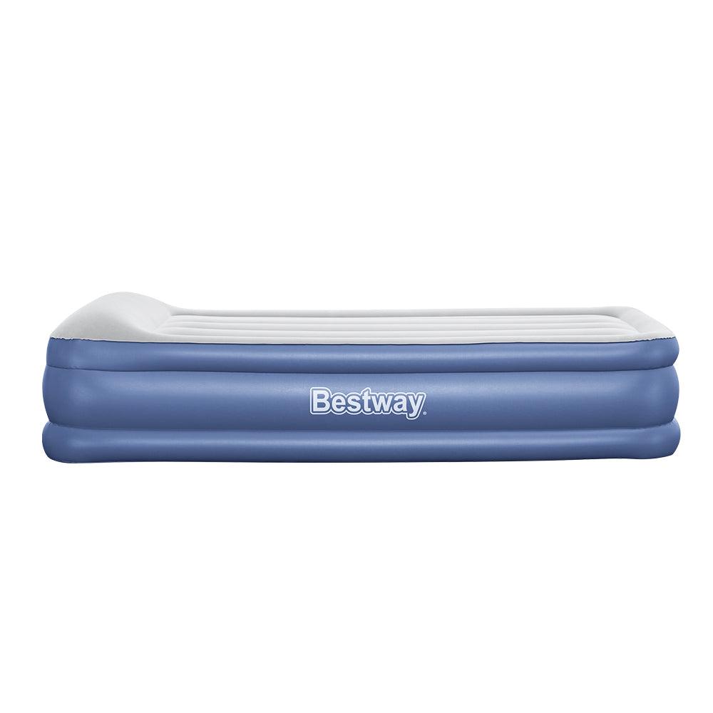 Navy blue Bestway single air mattress with built in pillow and flocked sleeping surface — view 4