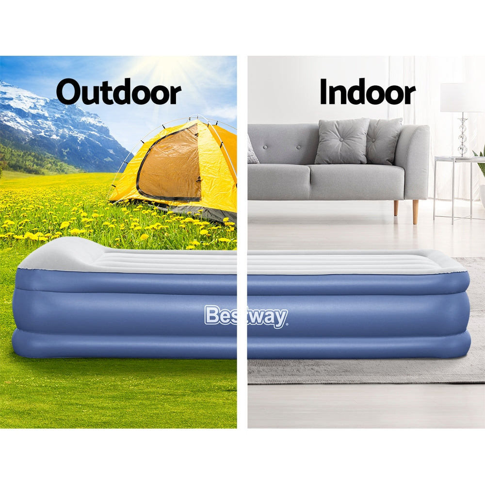 Navy blue Bestway single air mattress with built in pillow and flocked sleeping surface — view 5