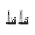 Electric wine opener set in black with charging bases, foil cutters, pourers, and vacuum stoppers.