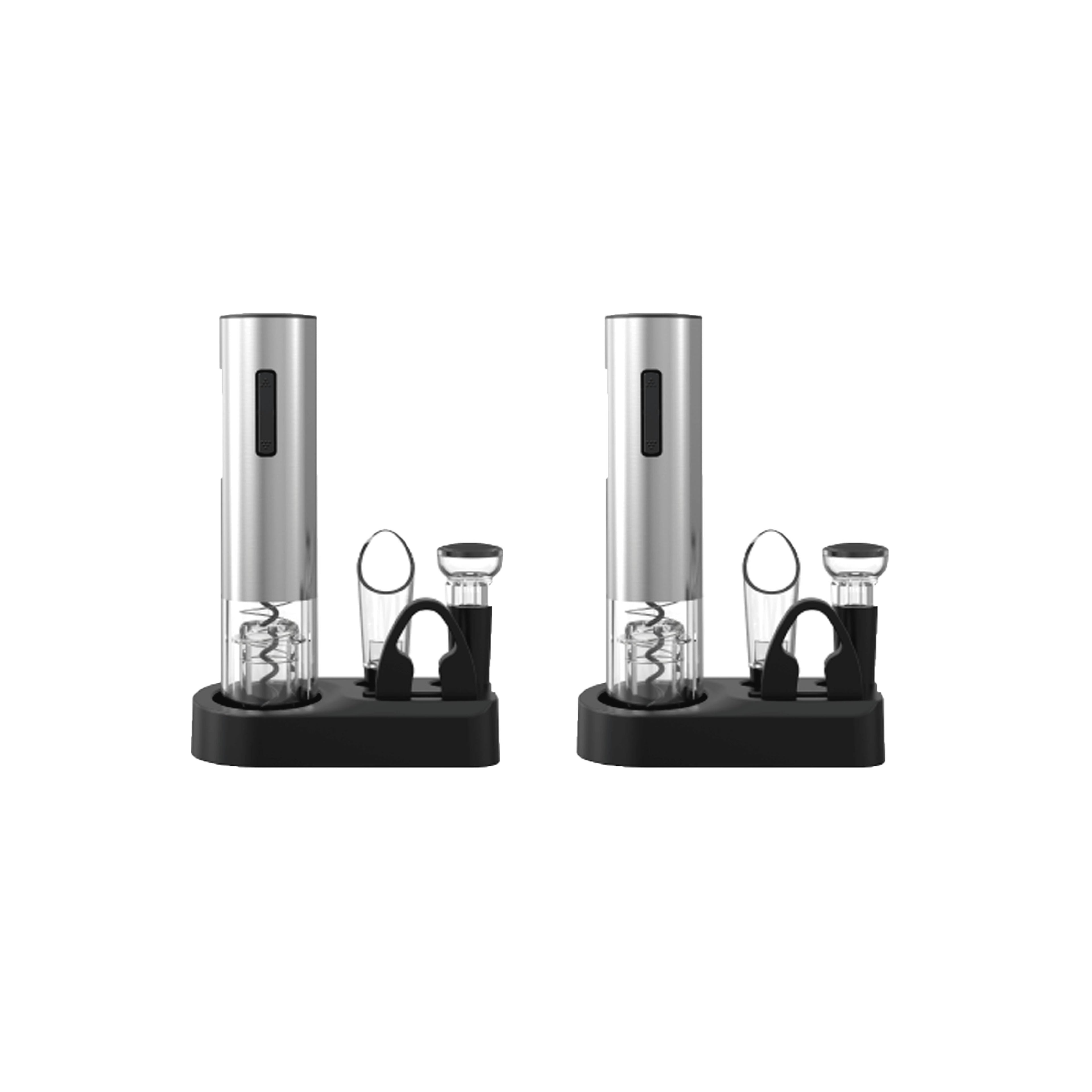 Electric wine opener set in black with charging bases, foil cutters, pourers, and vacuum stoppers.