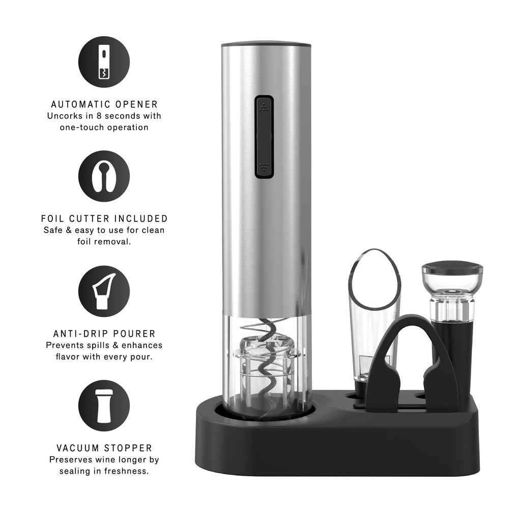 Electric wine opener set in black with charging bases, foil cutters, pourers, and vacuum stoppers. — view 2