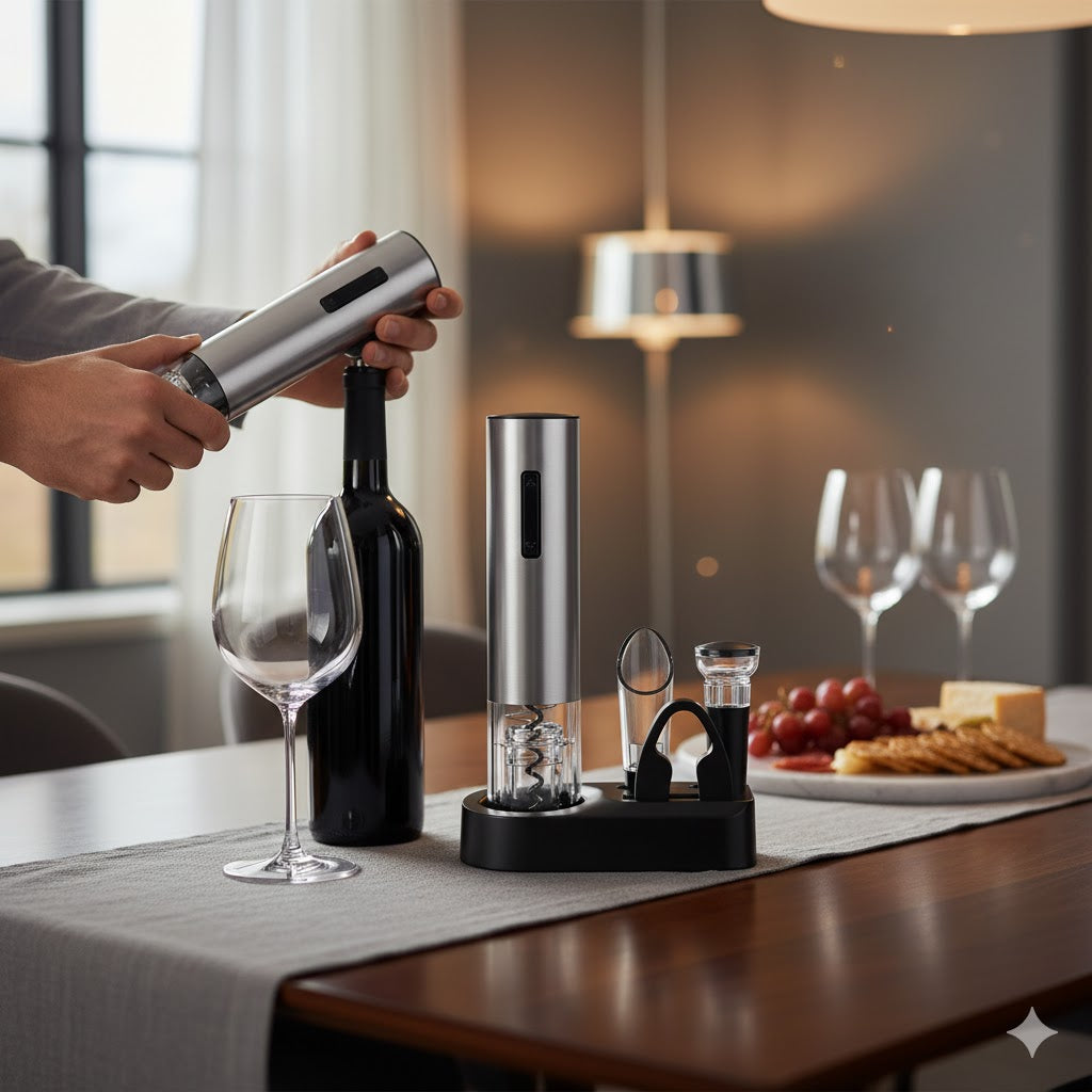 Electric wine opener set in black with charging bases, foil cutters, pourers, and vacuum stoppers. — view 3