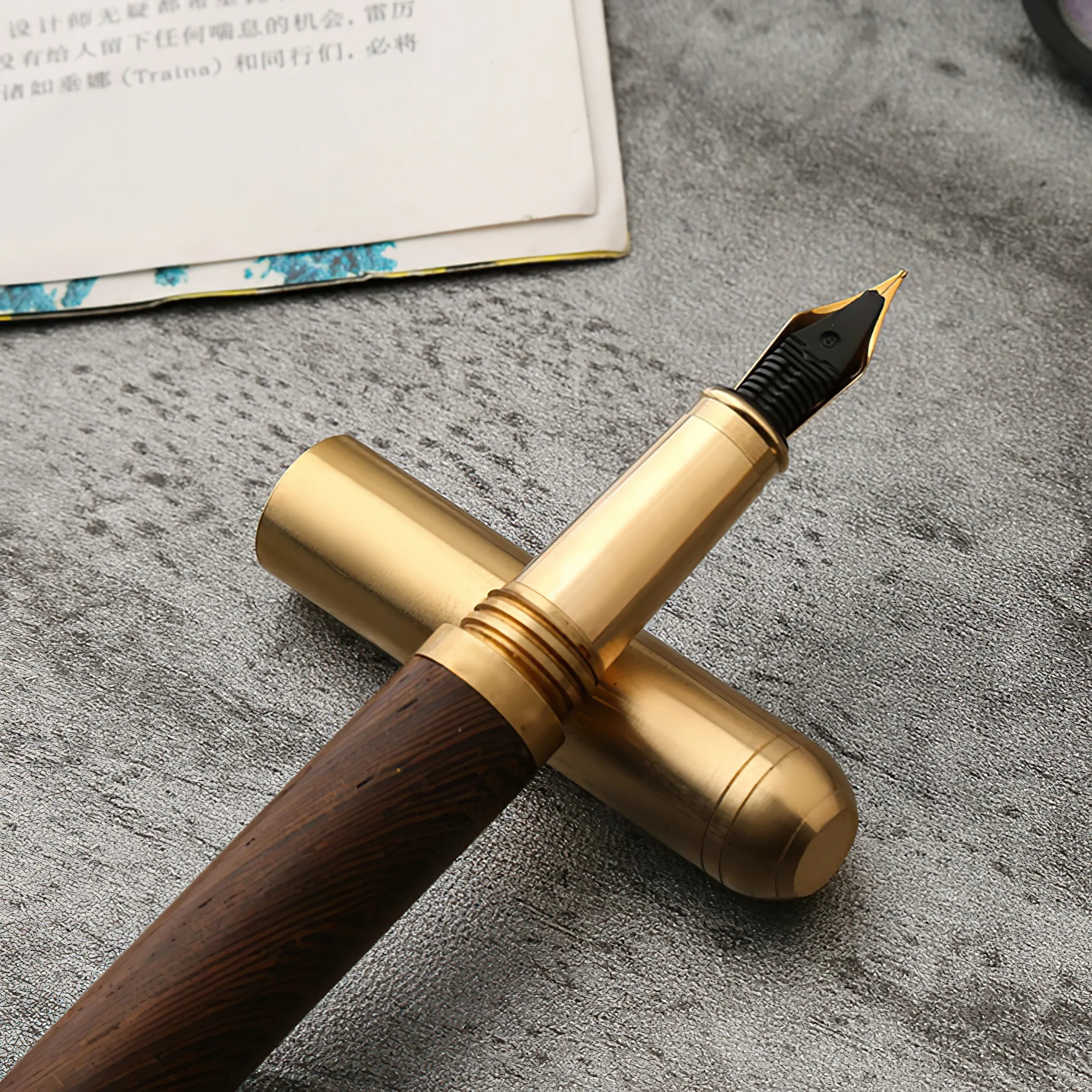 Handmade wood and solid brass fountain pen with fine iridium nib for smooth writing — view 2