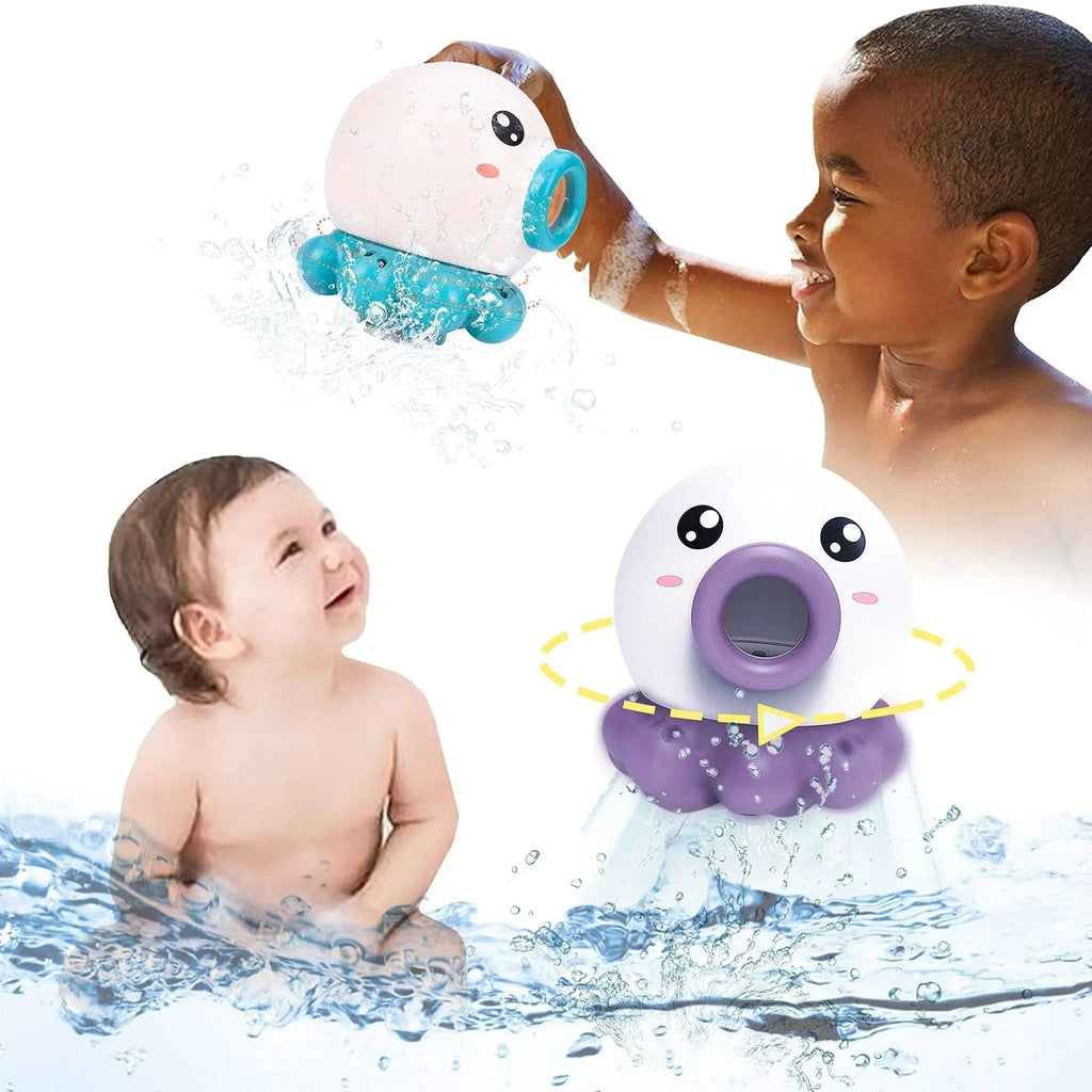Bright colorful octopus baby bath water spray toy splashing gentle water streams in the tub — view 3