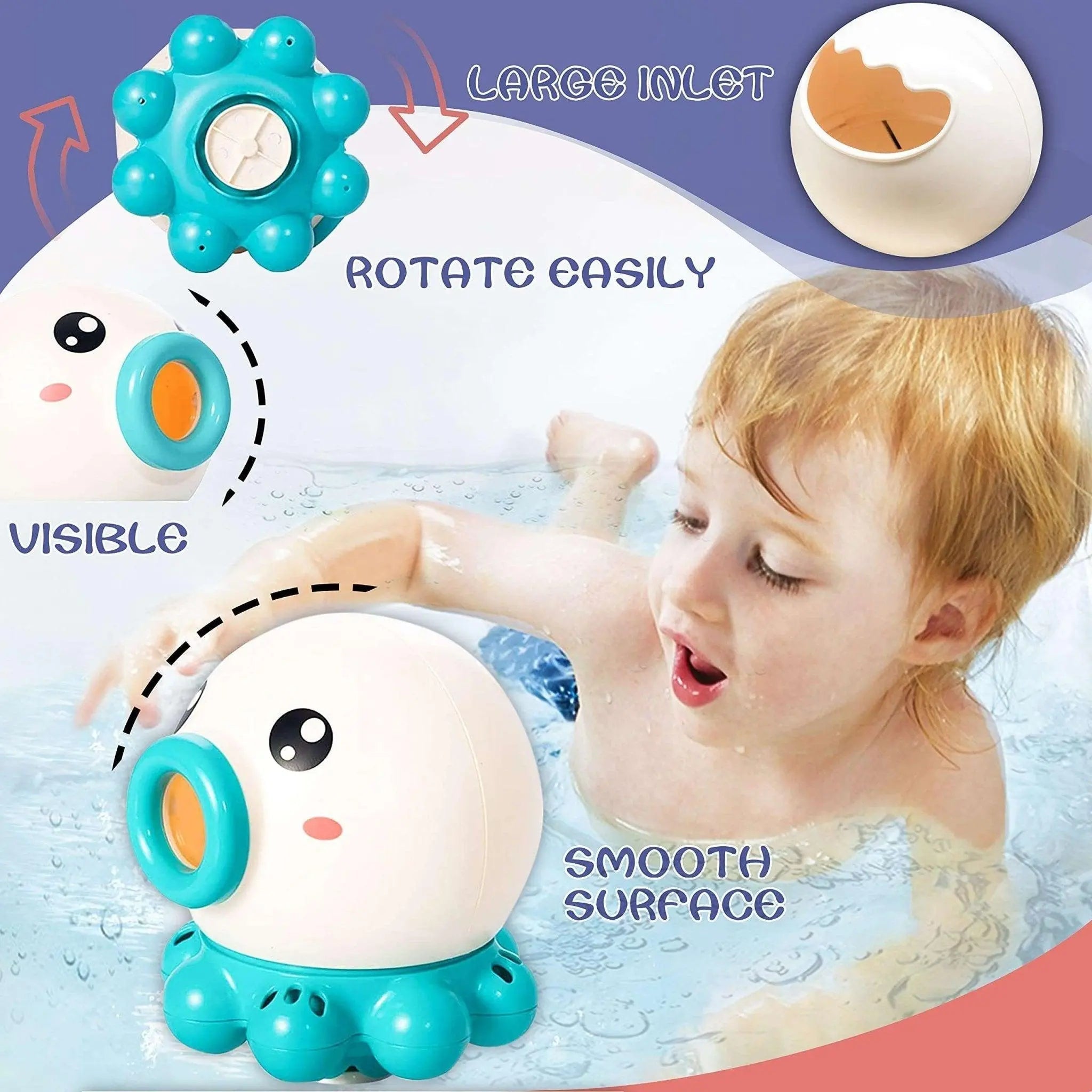 Bright colorful octopus baby bath water spray toy splashing gentle water streams in the tub — view 4