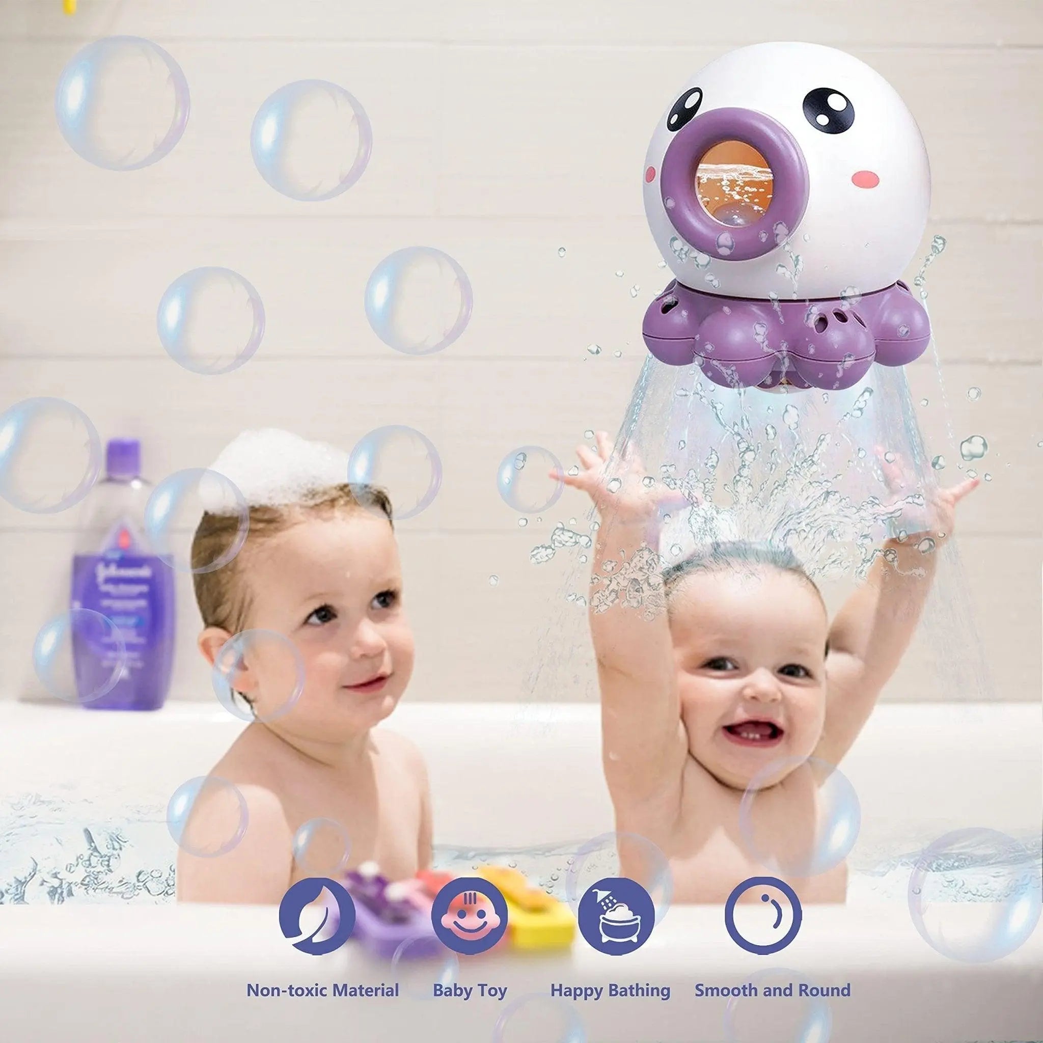 Bright colorful octopus baby bath water spray toy splashing gentle water streams in the tub