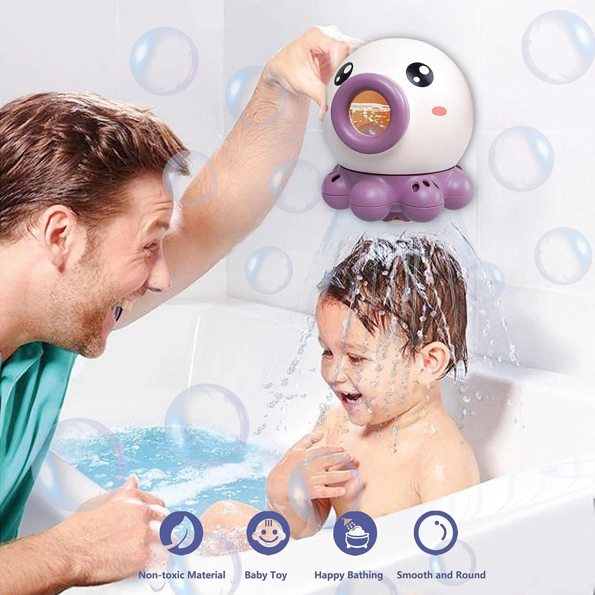 Bright colorful octopus baby bath water spray toy splashing gentle water streams in the tub — view 2