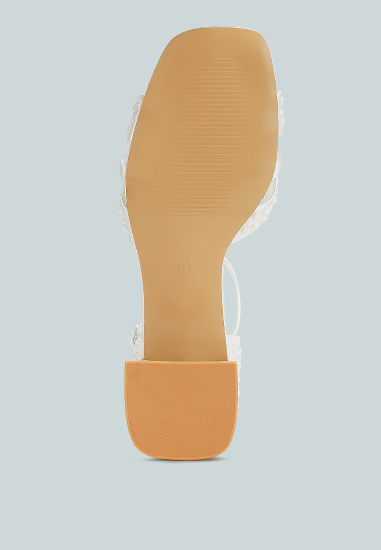 White satin low block heel sandals featuring elegant pearl embellished midfoot straps and adjustable buckles — view 5