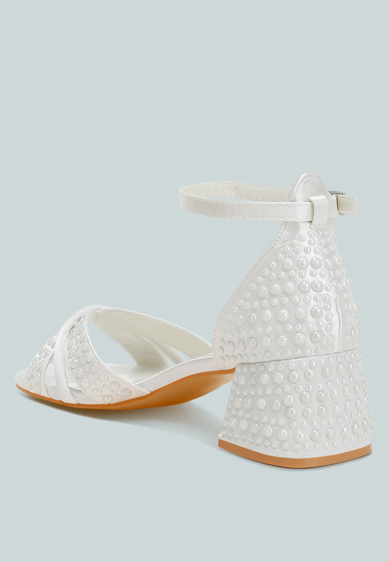 White satin low block heel sandals featuring elegant pearl embellished midfoot straps and adjustable buckles — view 3