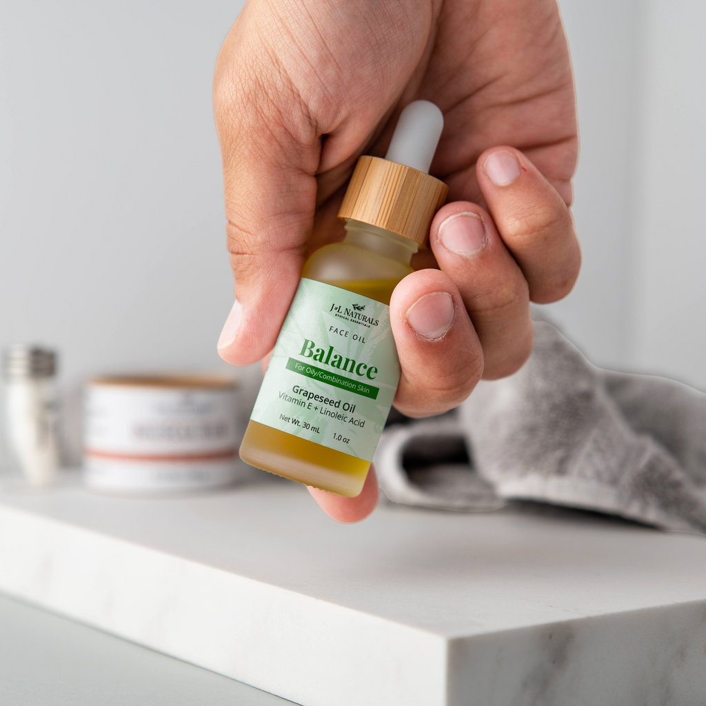 Natural plant based face oil in a glass dropper bottle for deep skincare hydration.