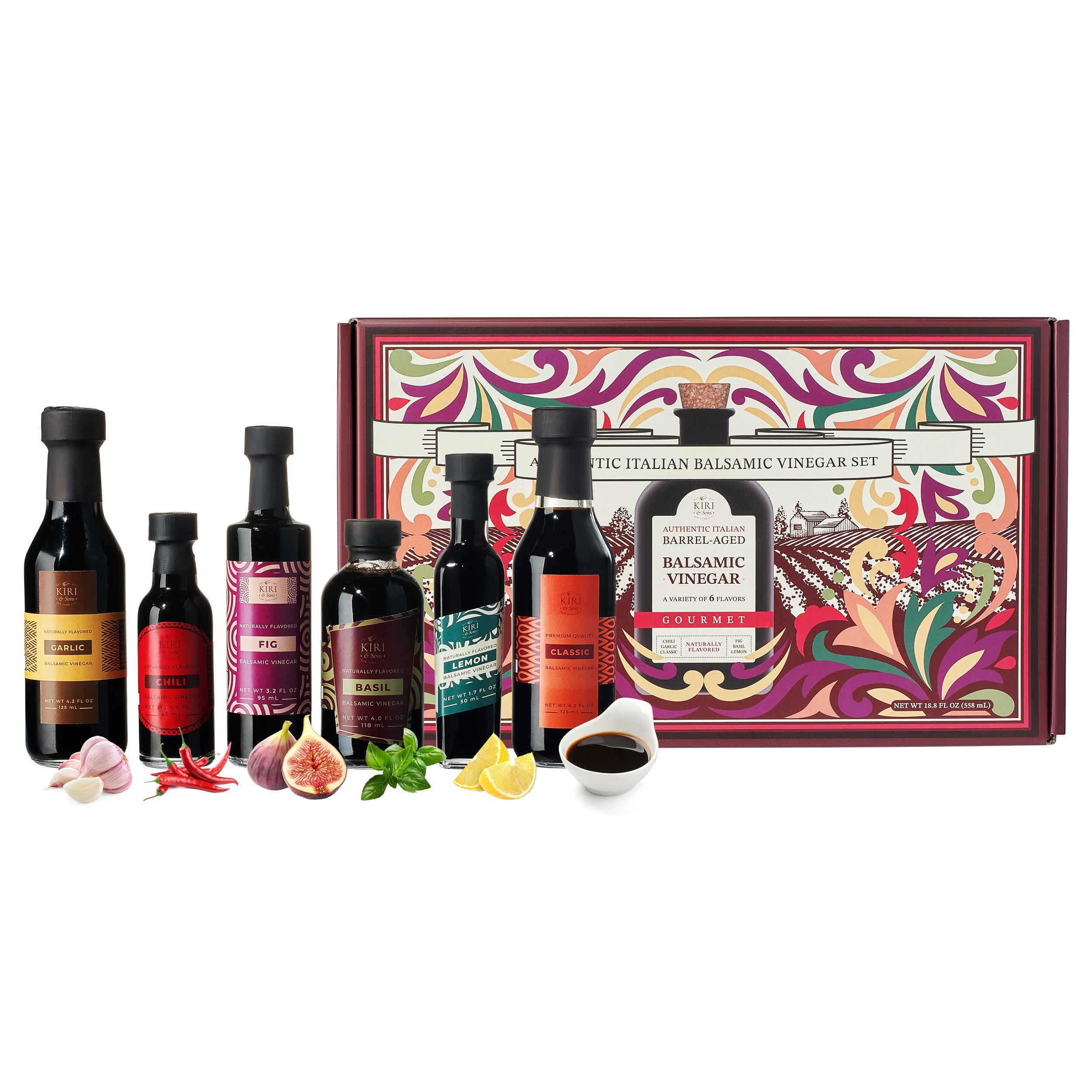 Six pack gourmet Italian flavored balsamic vinegar gift set in glass bottles