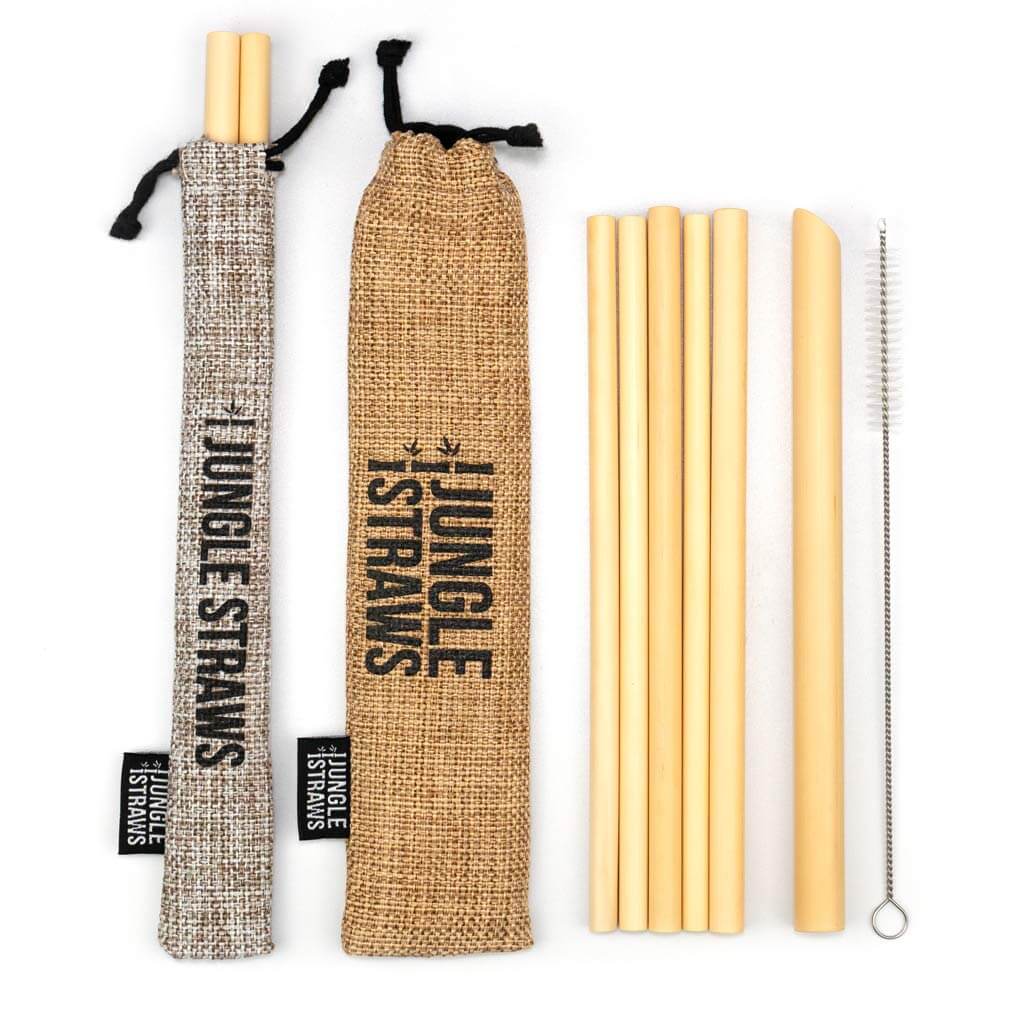 Set of six reusable bamboo drinking straws with a natural jute travel pouch and cleaning — view 2