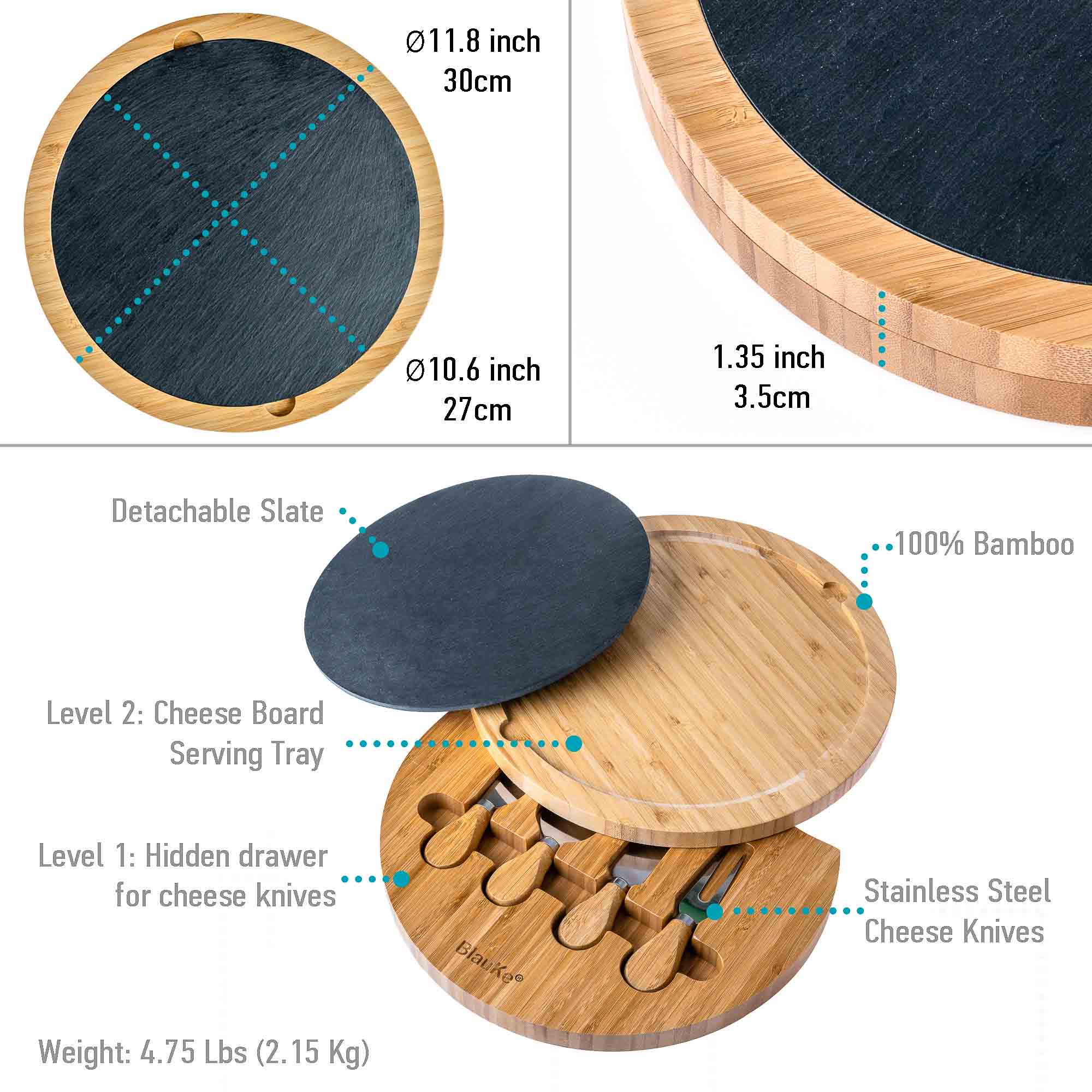 Round bamboo cheese board with removable slate, hidden drawer, and four stainless steel serving knives. — view 3