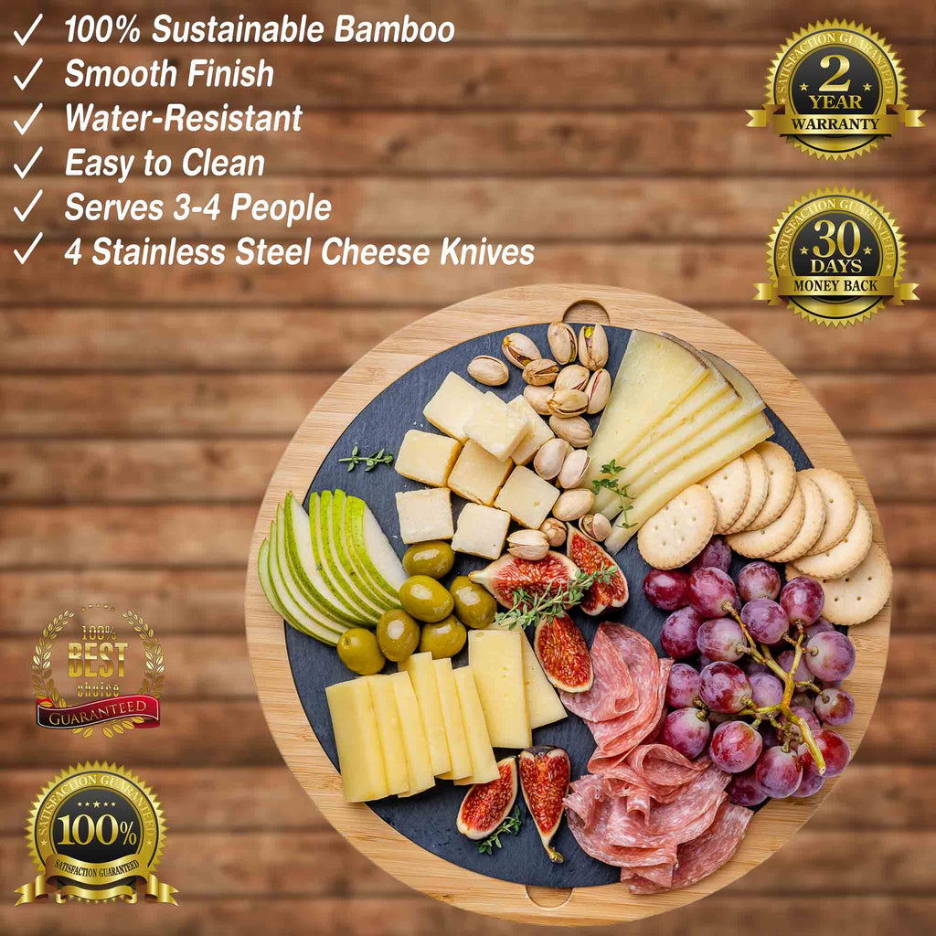 Round bamboo cheese board with removable slate, hidden drawer, and four stainless steel serving knives. — view 2