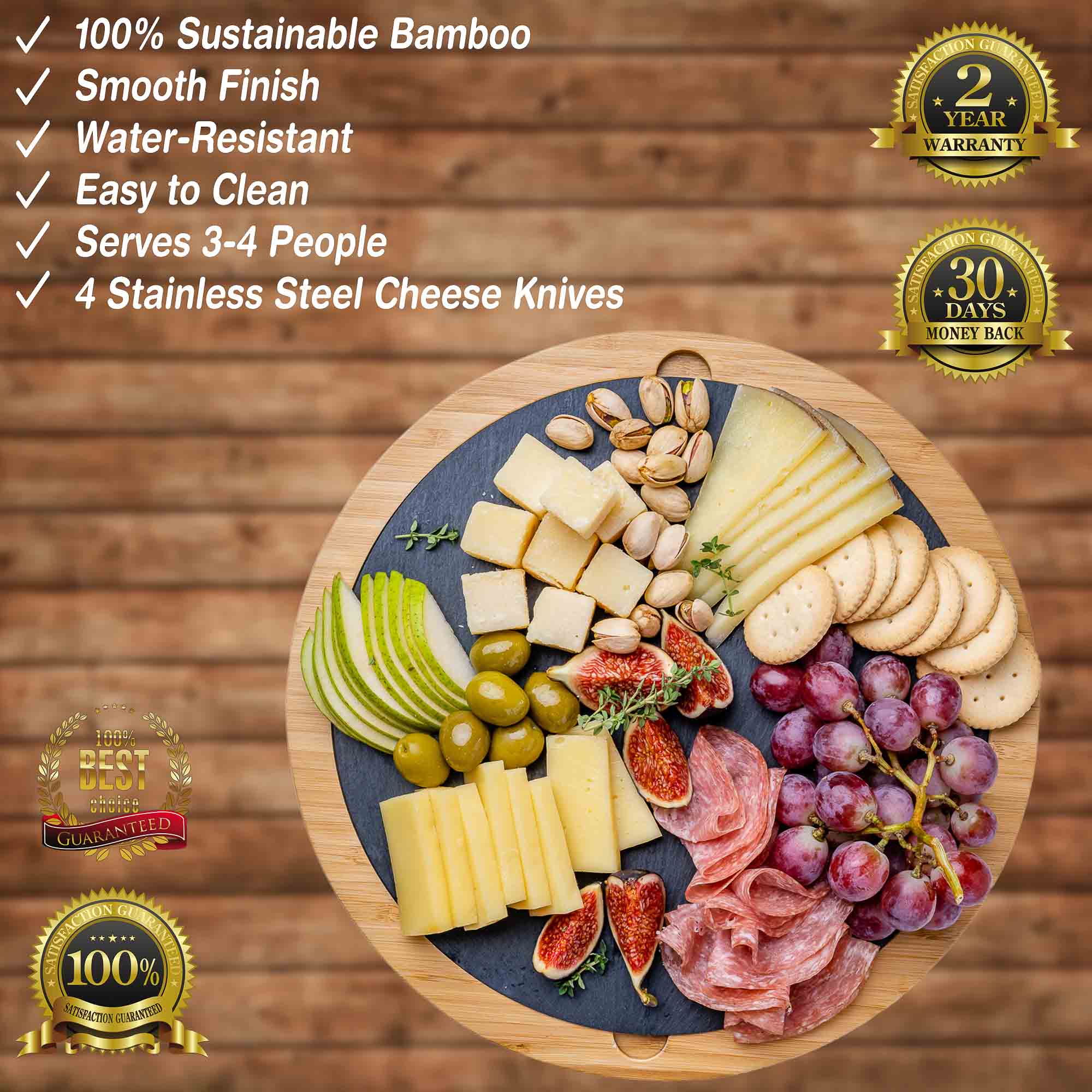 Round bamboo cheese board with removable slate, hidden drawer, and four stainless steel serving knives. — view 2