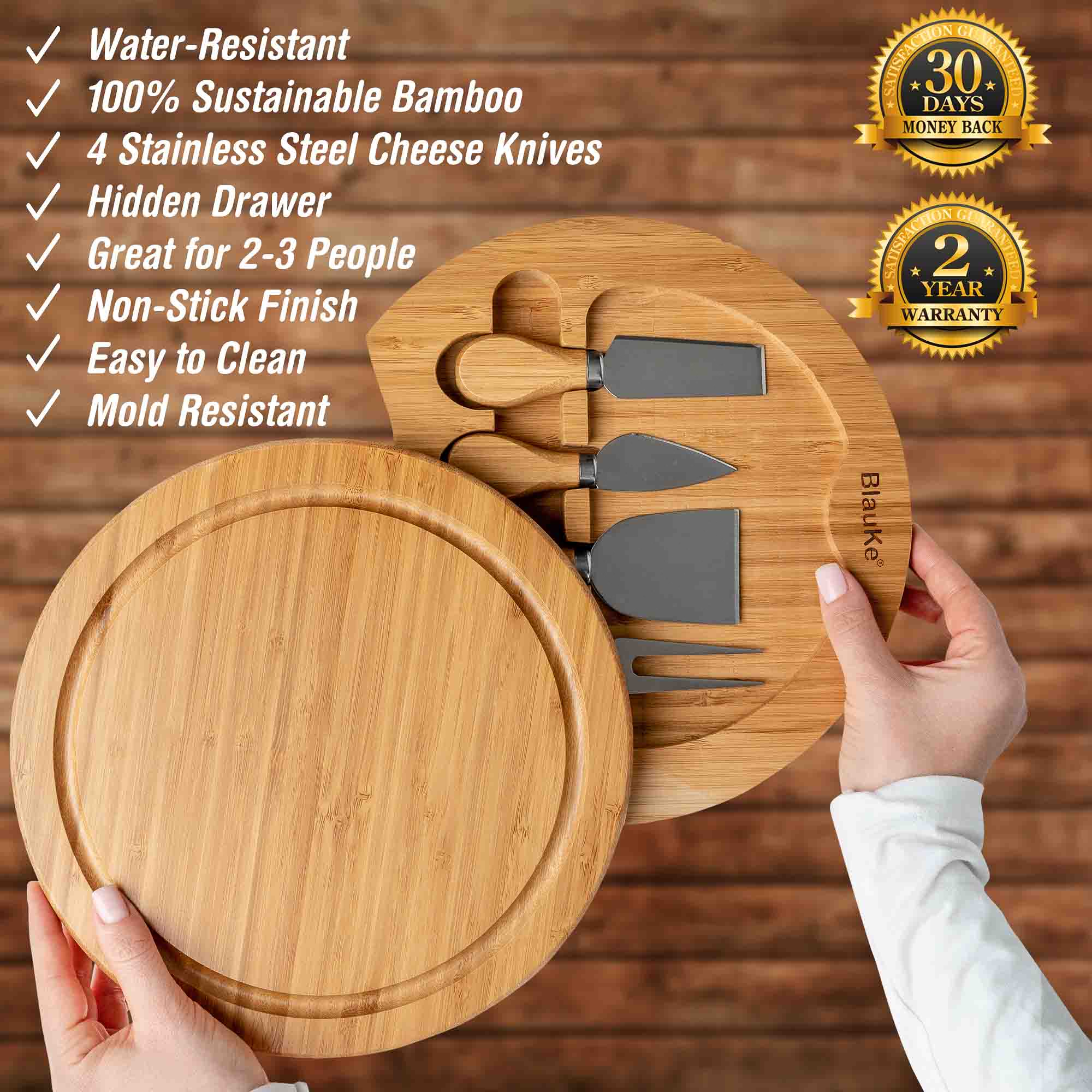 Round natural bamboo cheese board with swiveling hidden drawer and four stainless steel cheese knives — view 2