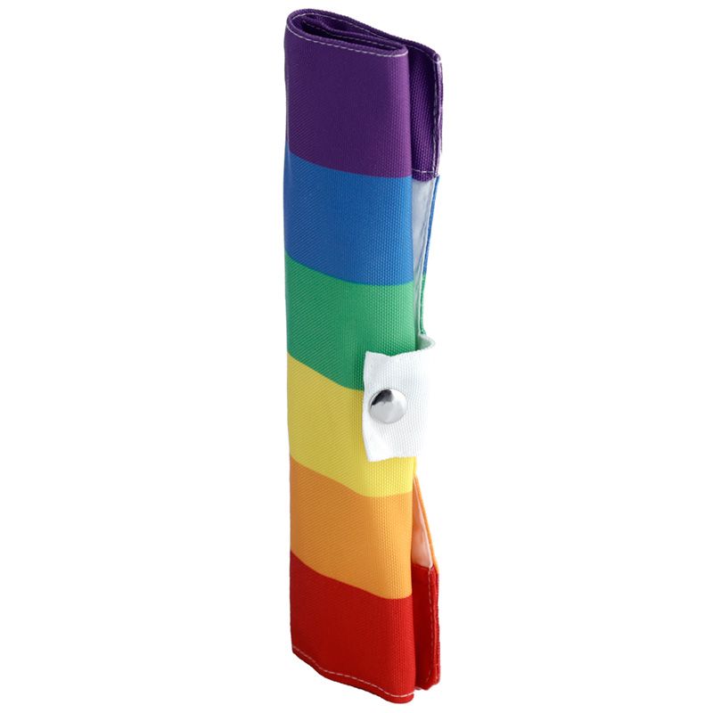 Natural bamboo travel cutlery set with chopsticks and straw in a vibrant rainbow canvas roll pouch — view 2
