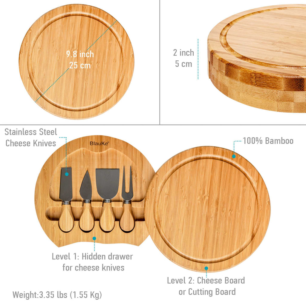 Round natural bamboo cheese board with swiveling hidden drawer and four stainless steel cheese knives — view 3