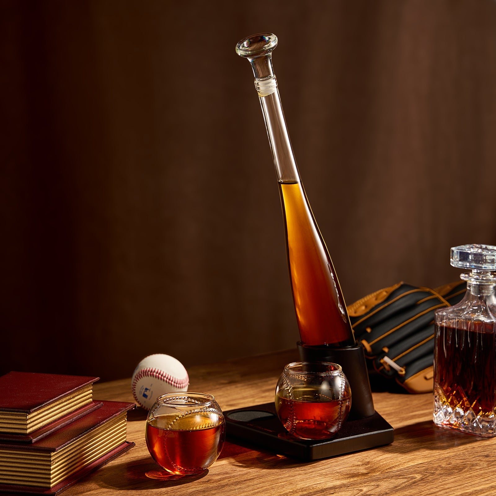 Glass baseball bat whiskey decanter set with two glasses on a home plate wooden stand — view 3