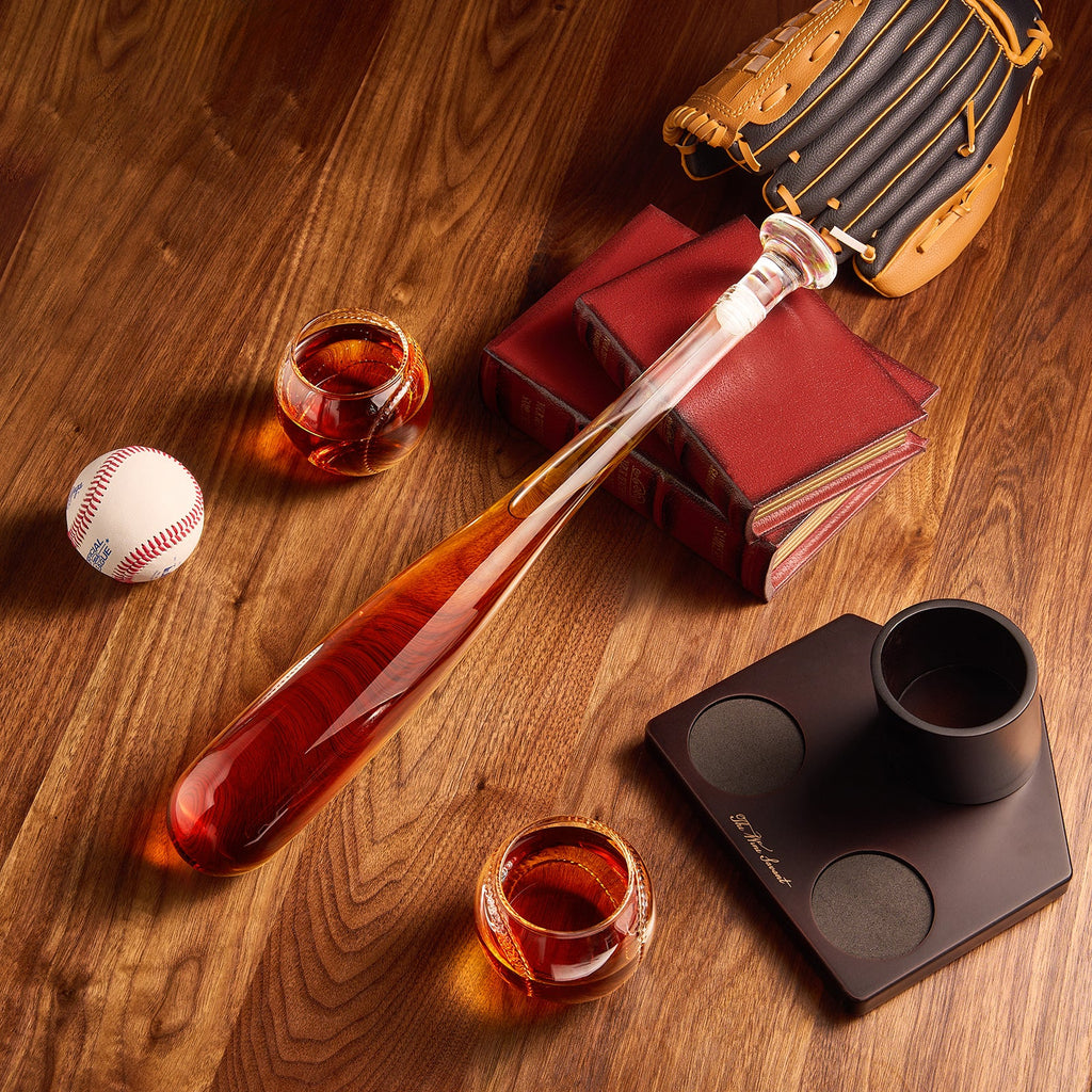 Glass baseball bat whiskey decanter set with two glasses on a home plate wooden stand — view 5